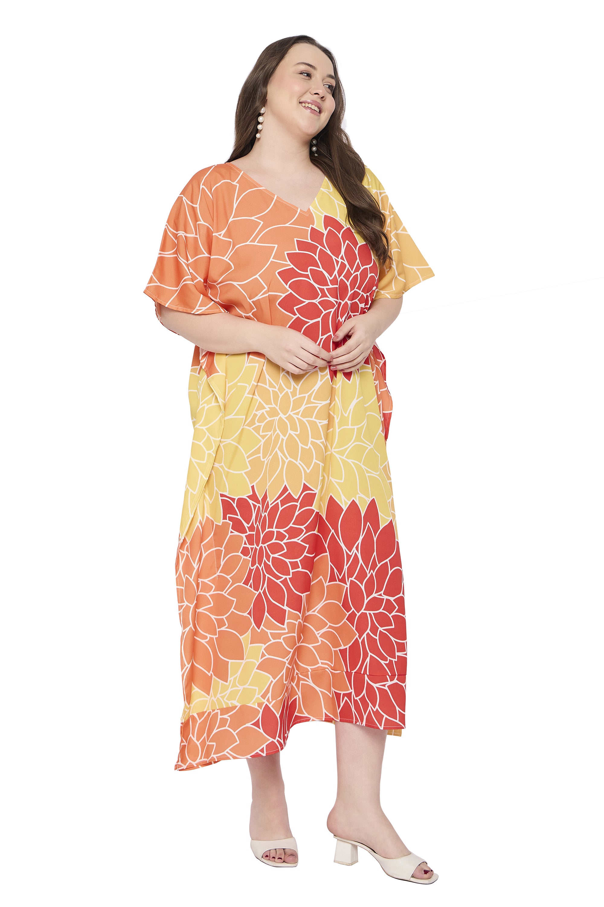 Yellow Polyester Floral Plus Size Beach Caftan Dress for Women