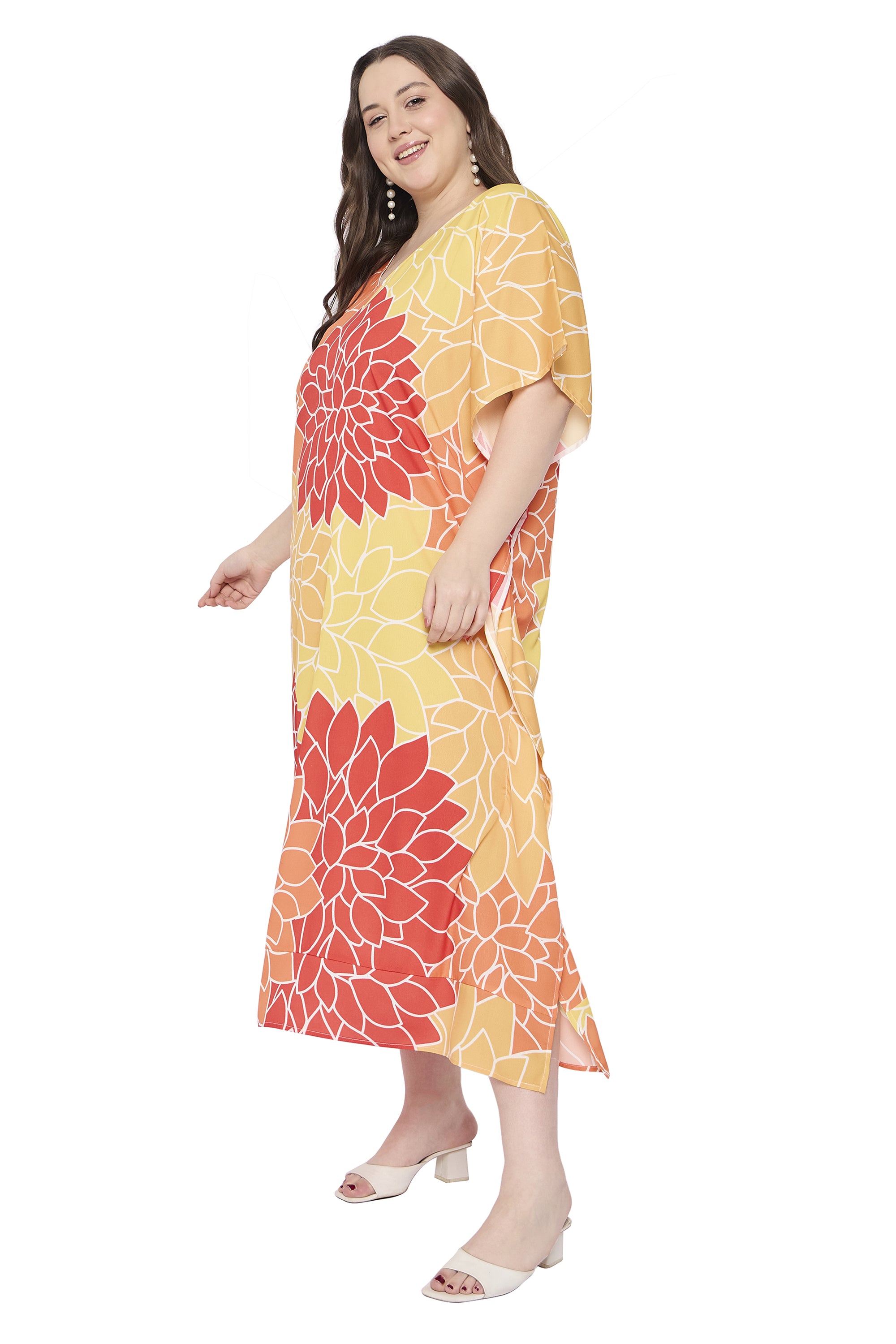 Yellow Polyester Floral Plus Size Beach Caftan Dress for Women