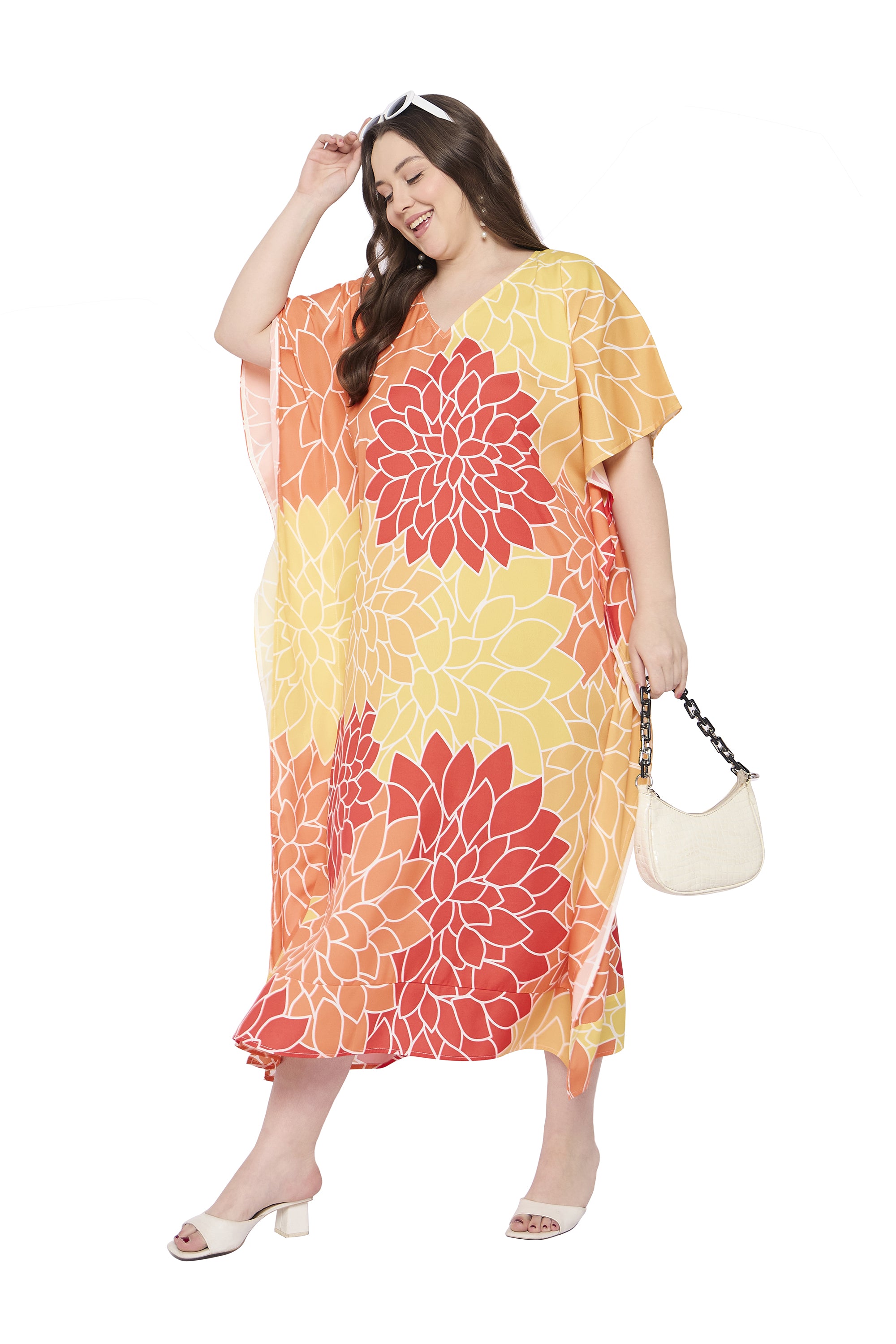 Yellow Polyester Floral Plus Size Beach Caftan Dress for Women