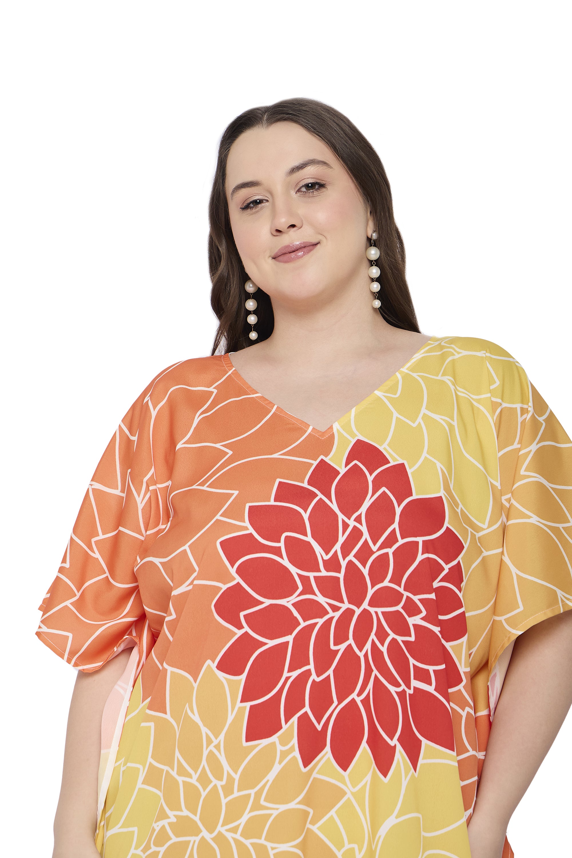 Yellow Polyester Floral Plus Size Beach Caftan Dress for Women