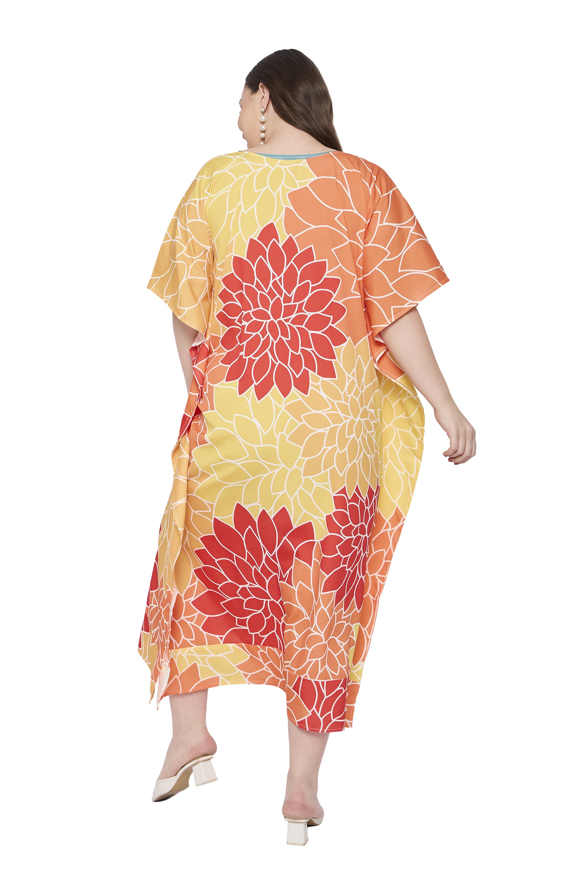 Yellow Polyester Floral Plus Size Beach Caftan Dress for Women