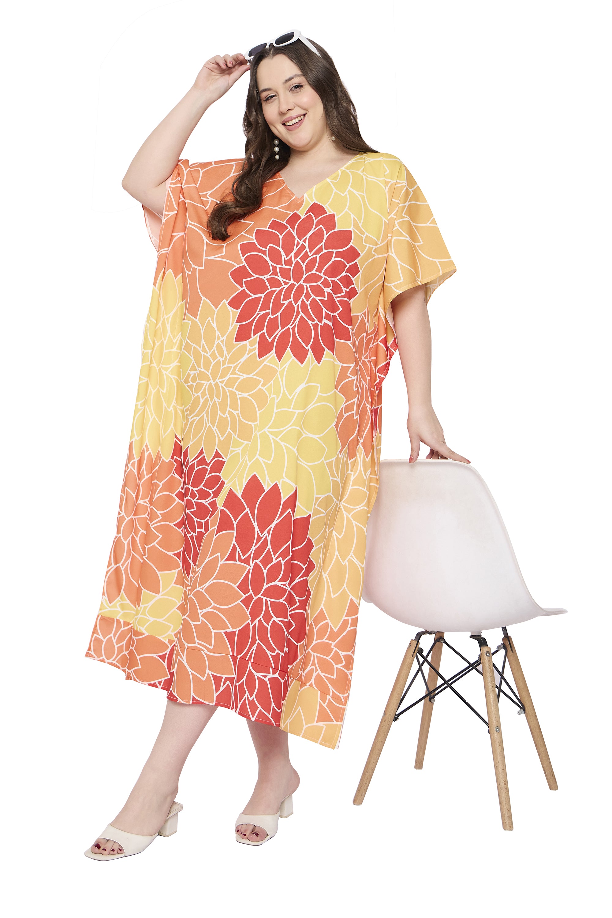 Yellow Polyester Floral Plus Size Beach Caftan Dress for Women