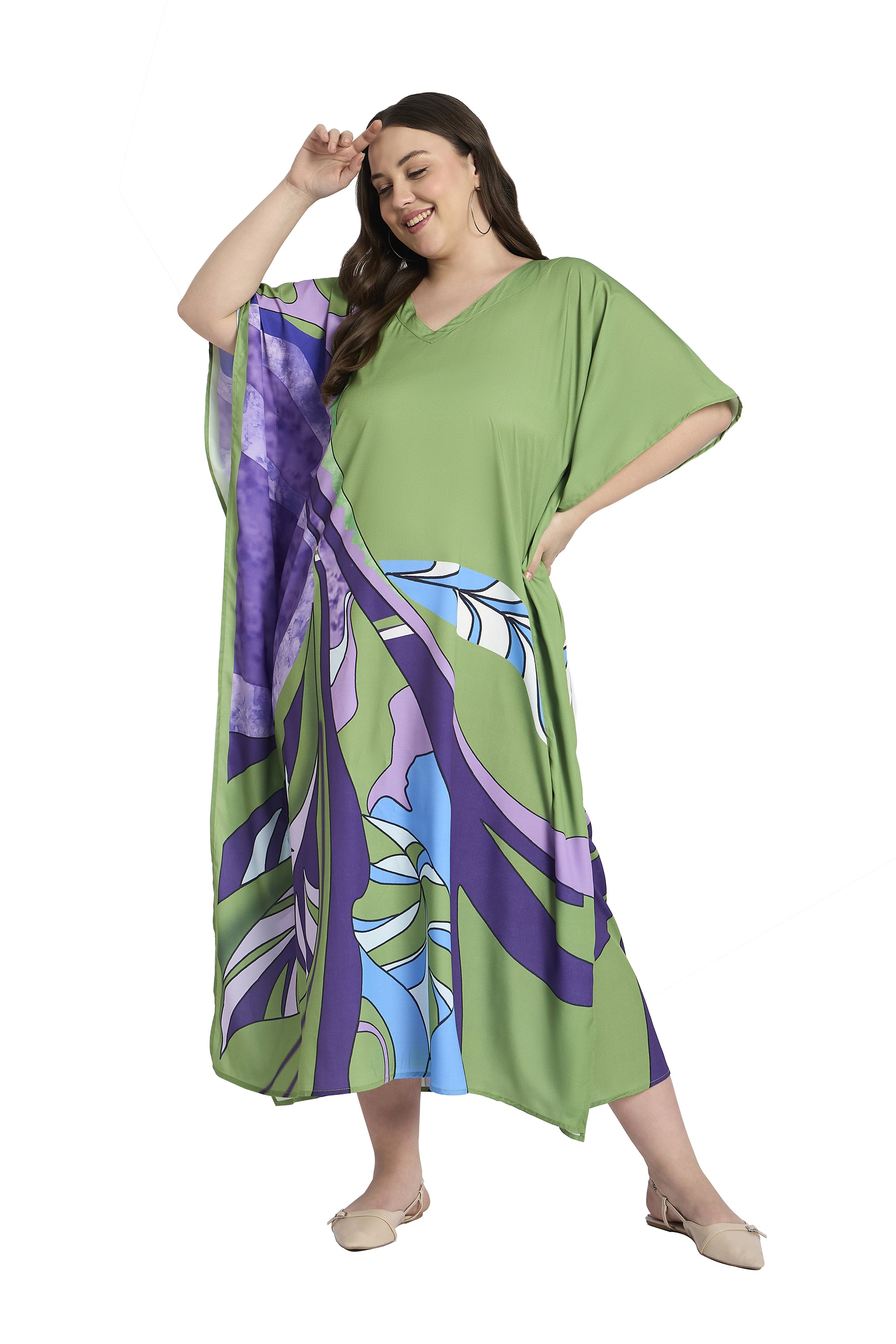 Leaf Print Polyester Green Women Plus Size Casual Kaftan Dress