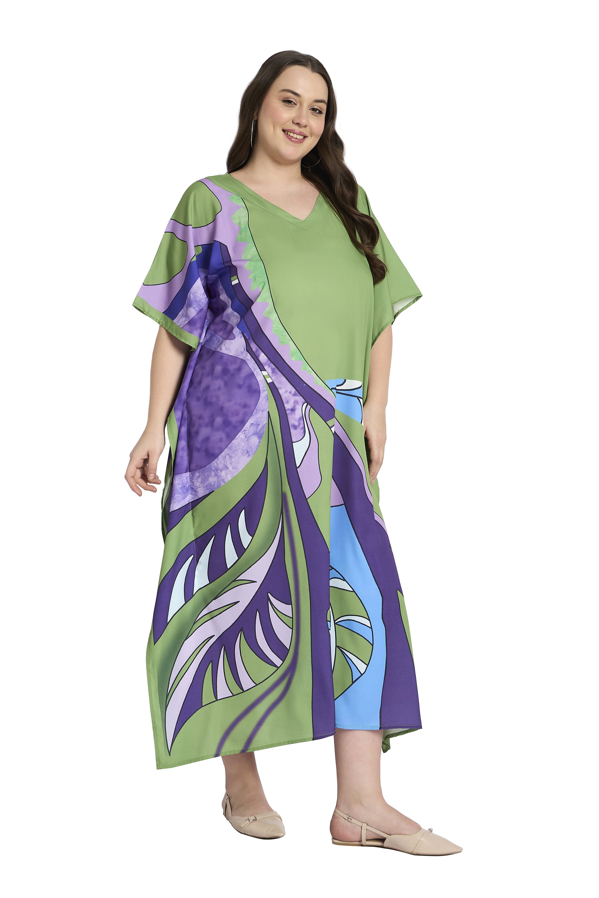 Leaf Print Polyester Green Women Plus Size Casual Kaftan Dress