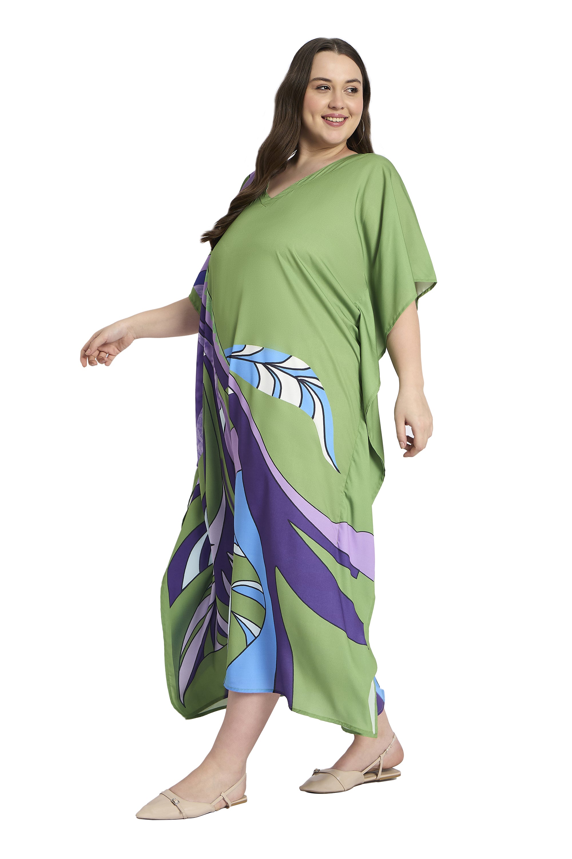 Leaf Print Polyester Green Women Plus Size Casual Kaftan Dress