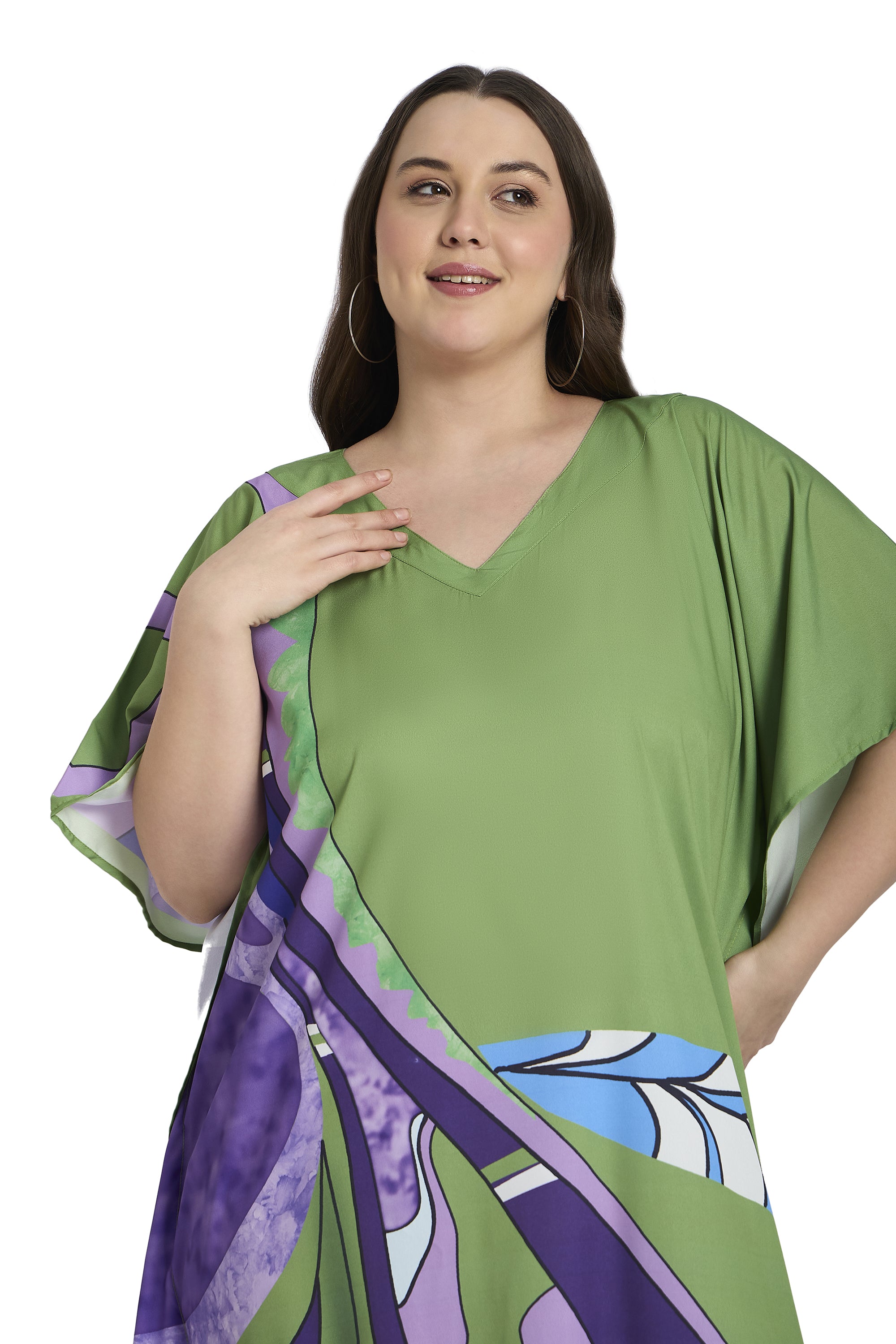 Leaf Print Polyester Green Women Plus Size Casual Kaftan Dress