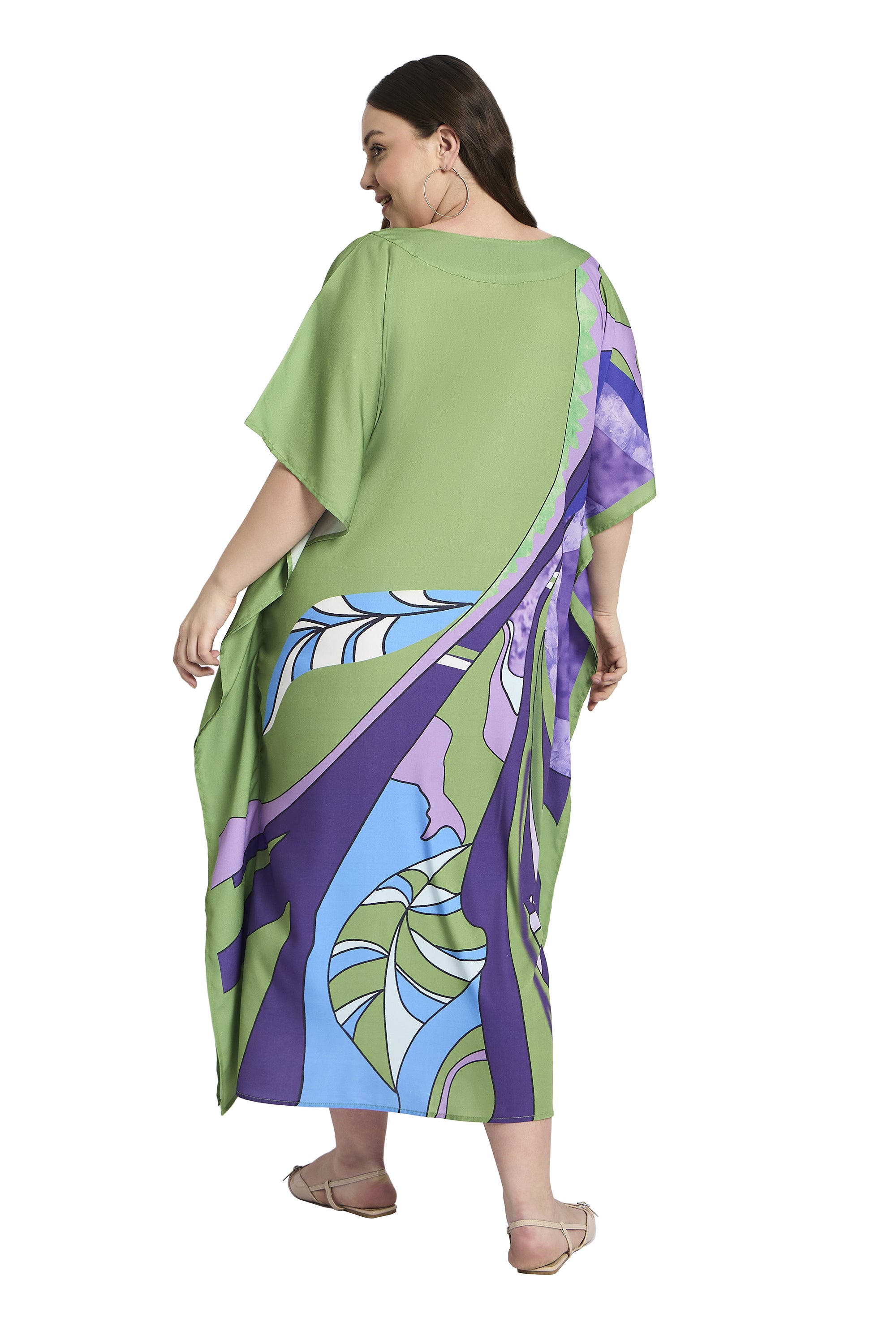 Leaf Print Polyester Green Women Plus Size Casual Kaftan Dress