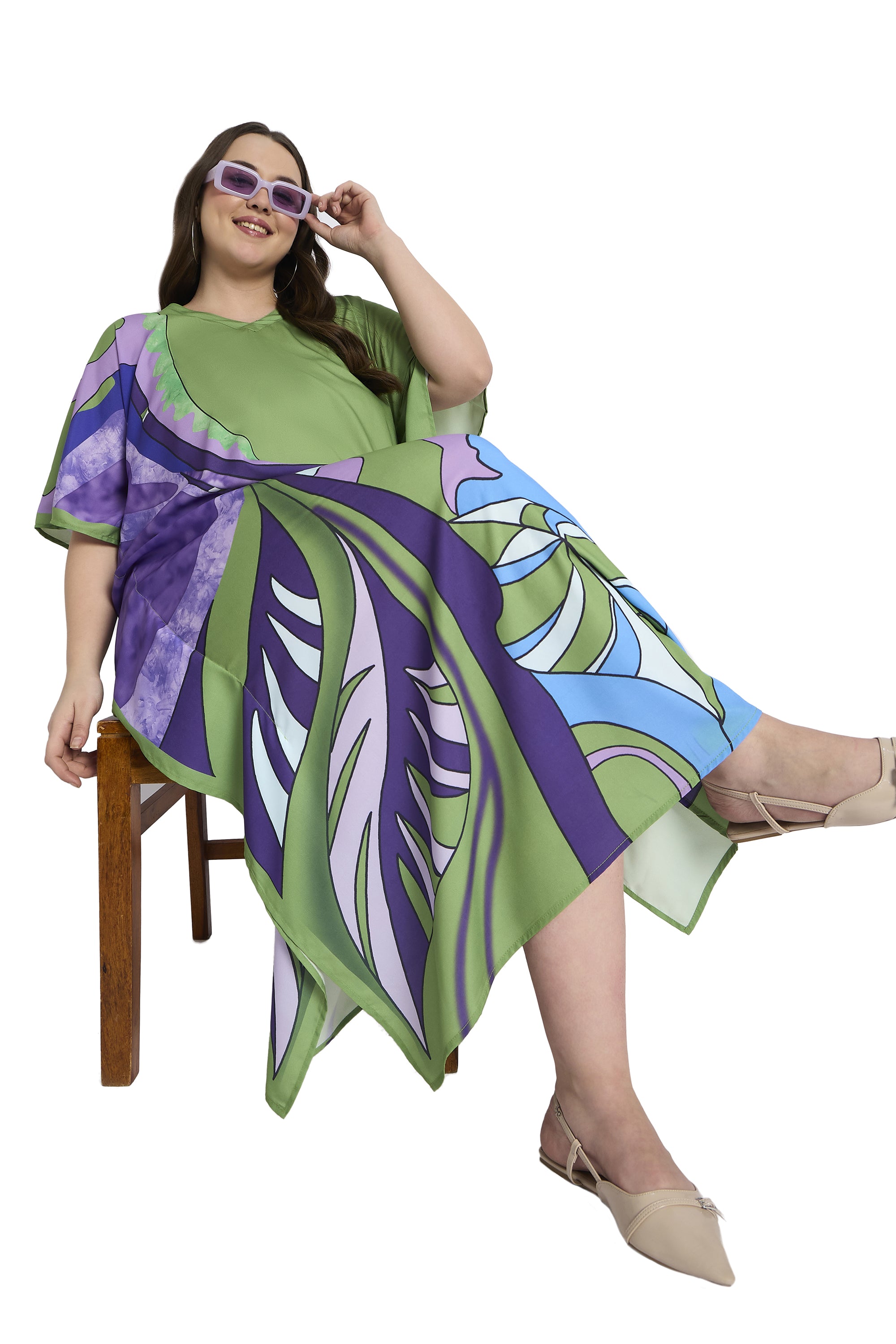 Leaf Print Polyester Green Women Plus Size Casual Kaftan Dress