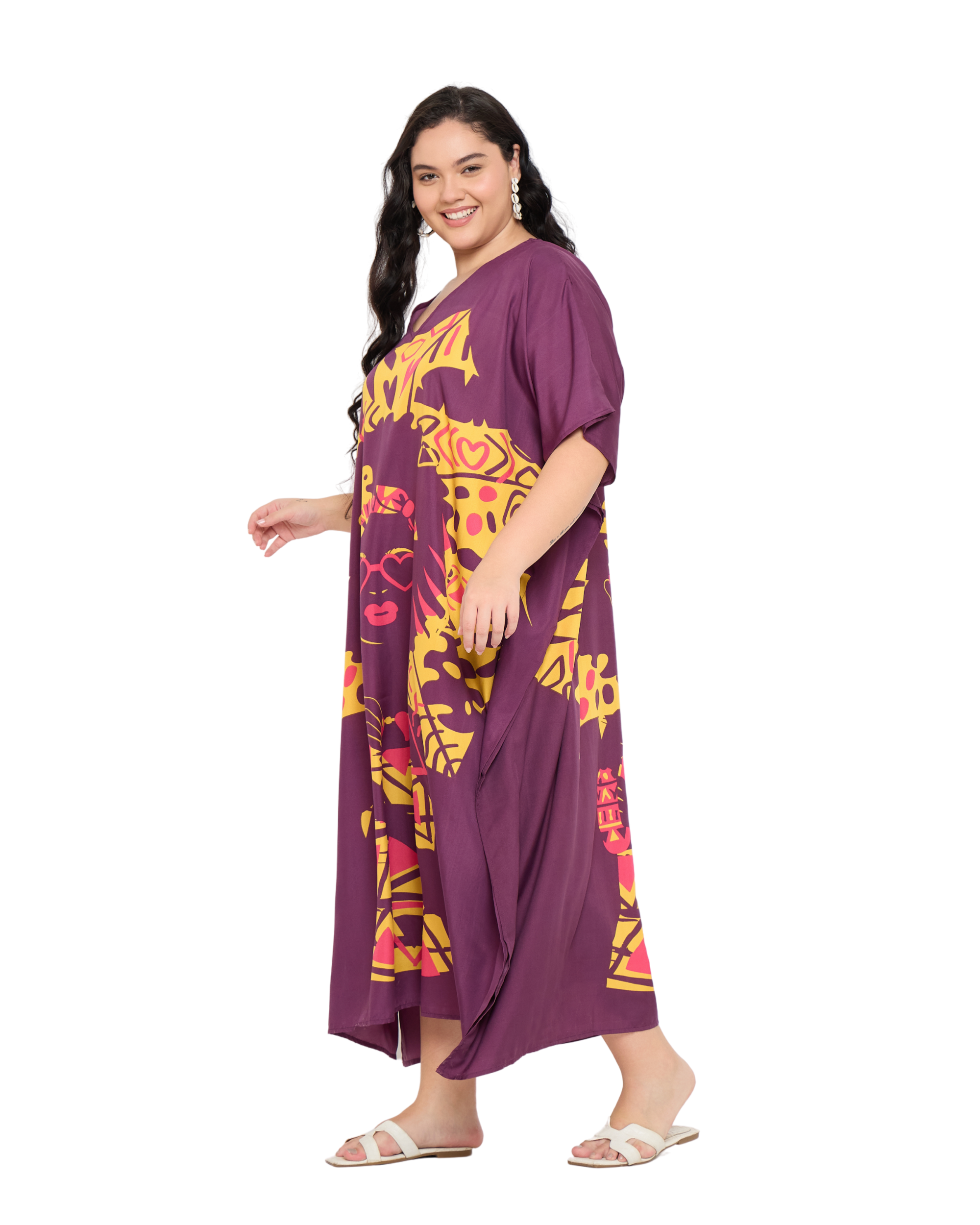 Purple Polyester Women Plus Size Kaftan Dress for Beach