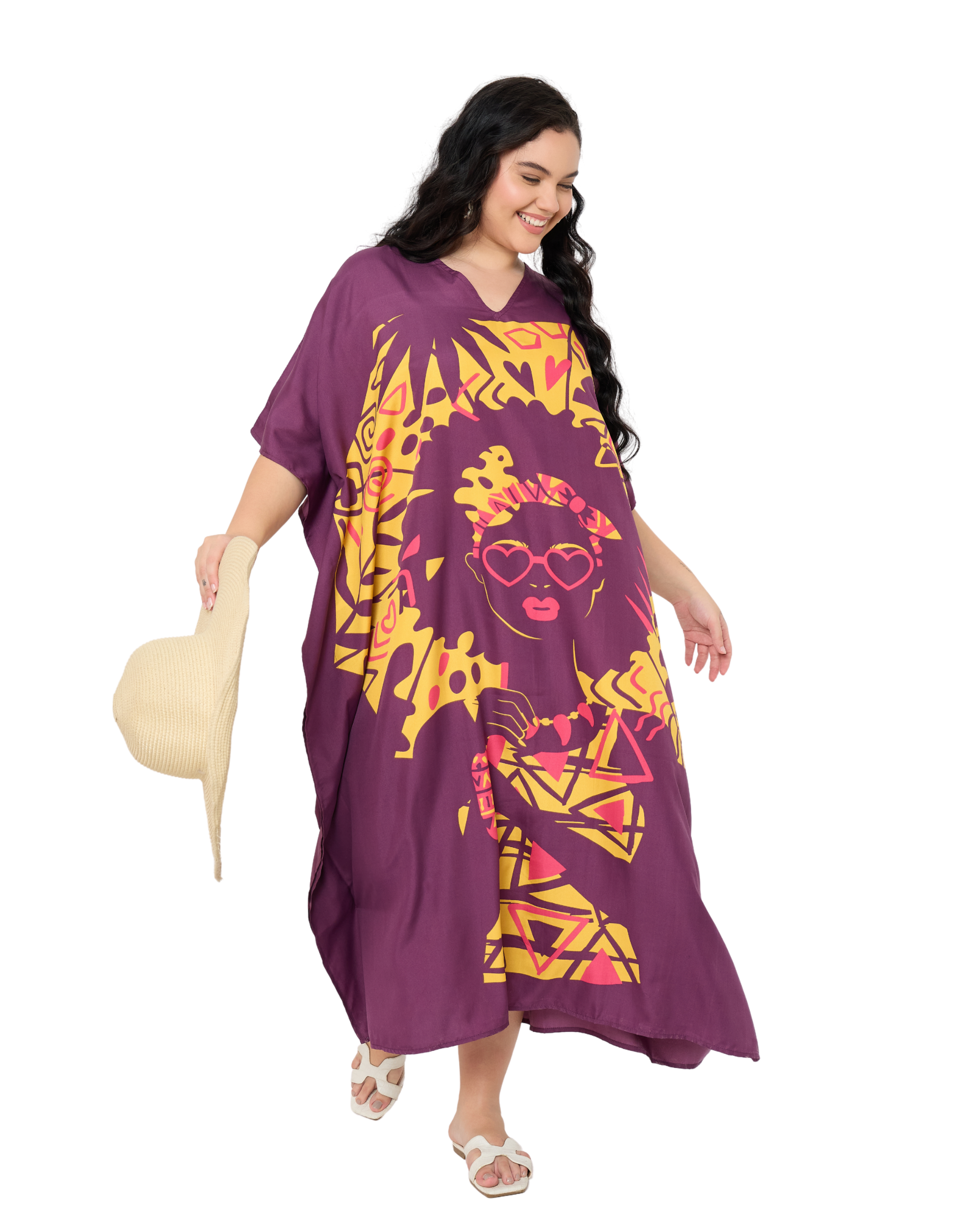 Purple Polyester Women Plus Size Kaftan Dress for Beach