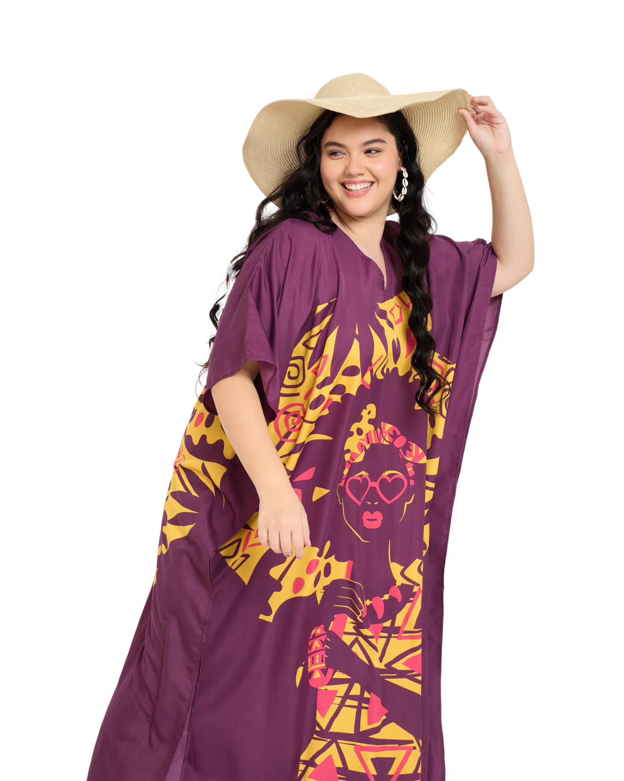 Purple Polyester Women Plus Size Kaftan Dress for Beach
