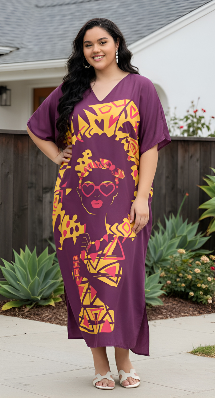 Purple Polyester Women Plus Size Kaftan Dress for Beach