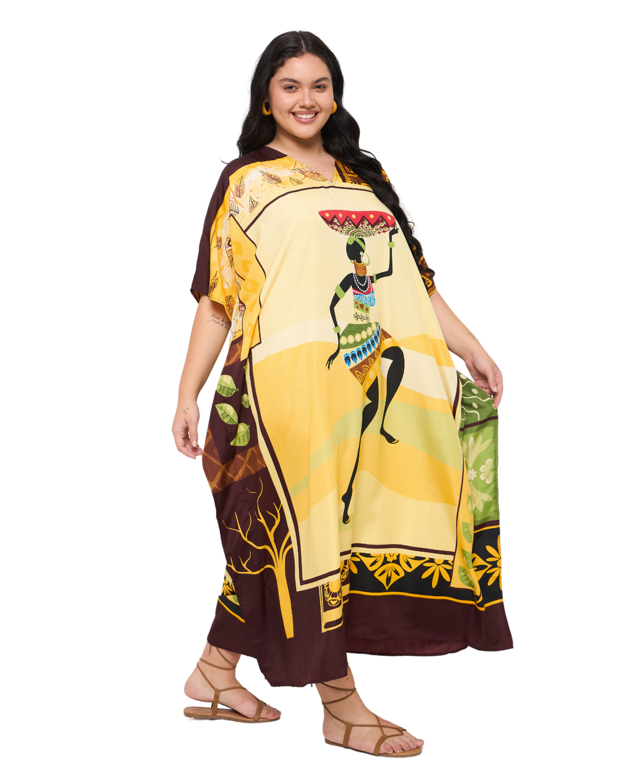 Tribal Polyester Cream & Yellow Polyester Plus Size Kaftan Dress for Women