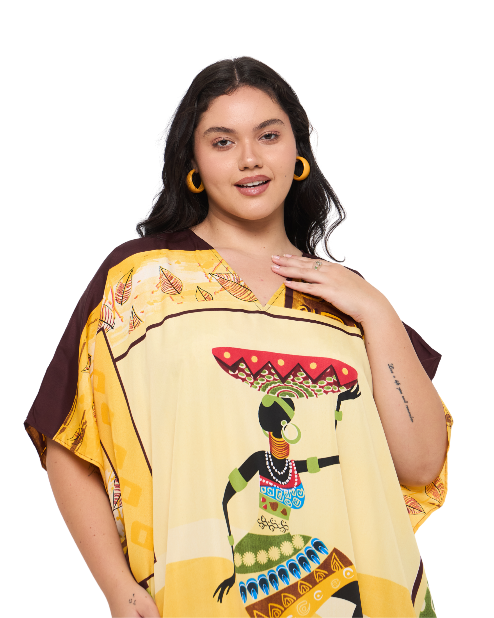 Tribal Polyester Cream & Yellow Polyester Plus Size Kaftan Dress for Women
