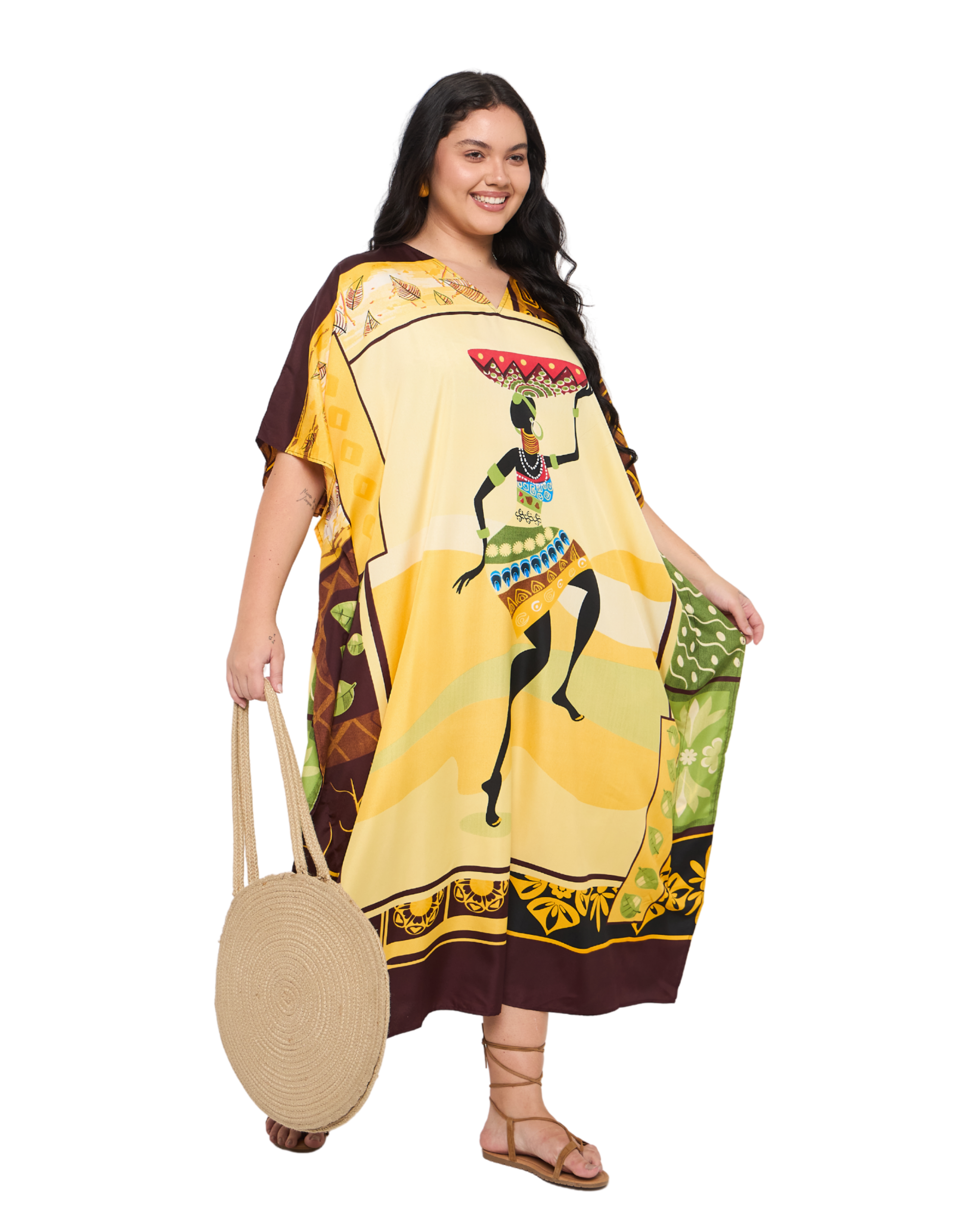 Tribal Polyester Cream & Yellow Polyester Plus Size Kaftan Dress for Women