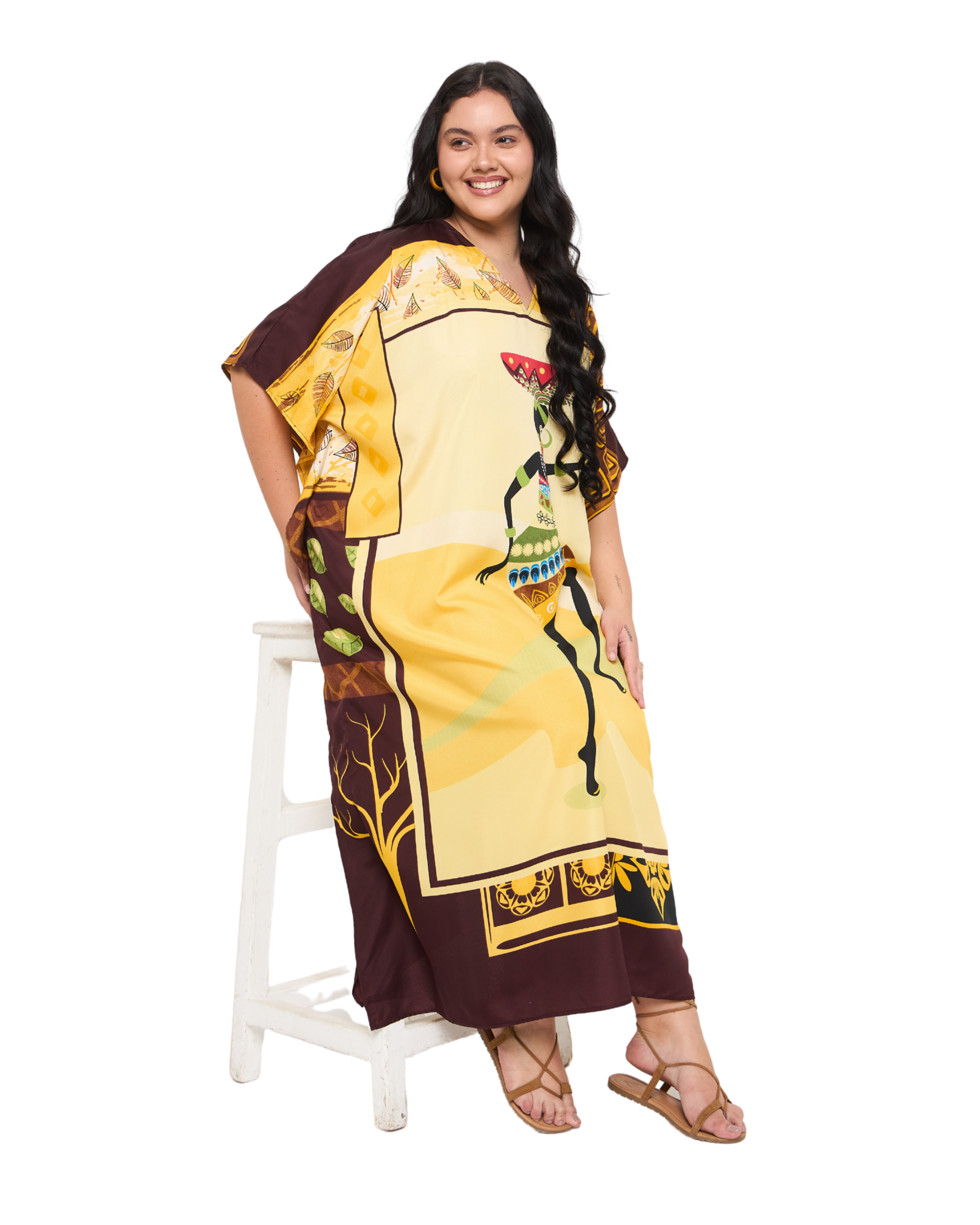 Tribal Polyester Cream & Yellow Polyester Plus Size Kaftan Dress for Women