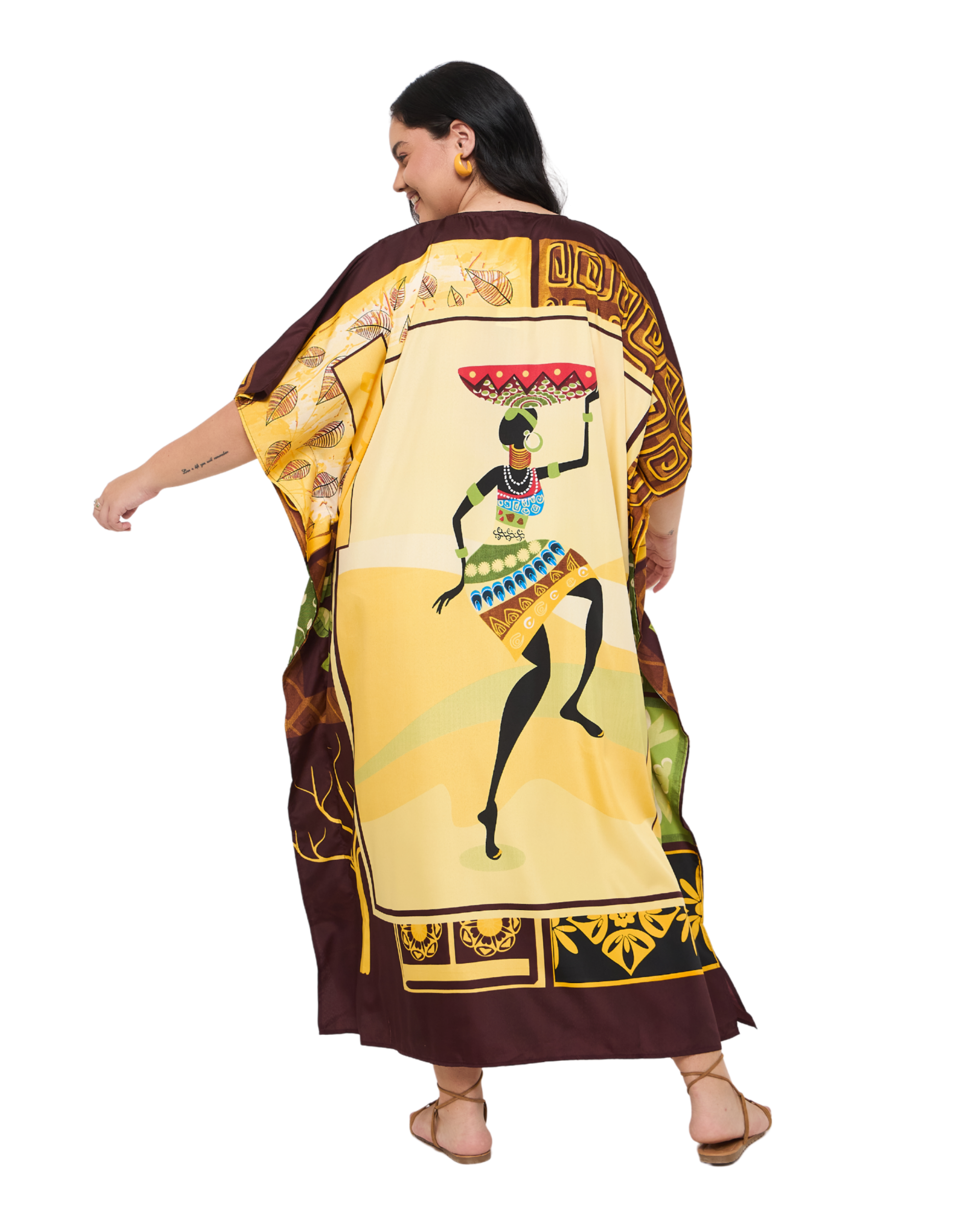 Tribal Polyester Cream & Yellow Polyester Plus Size Kaftan Dress for Women