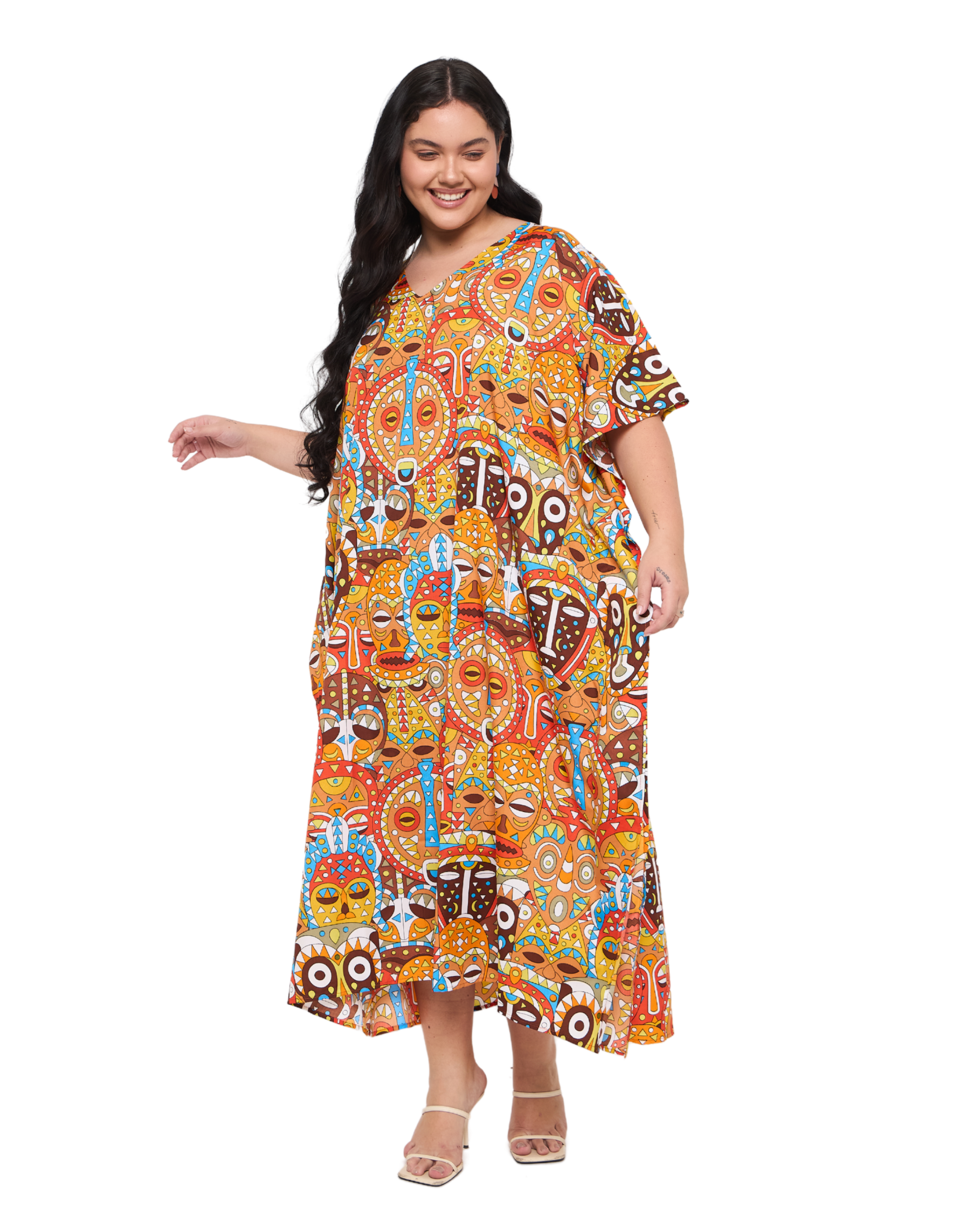 Burnt Orange Polyester Women African Plus Size Caftan Dress