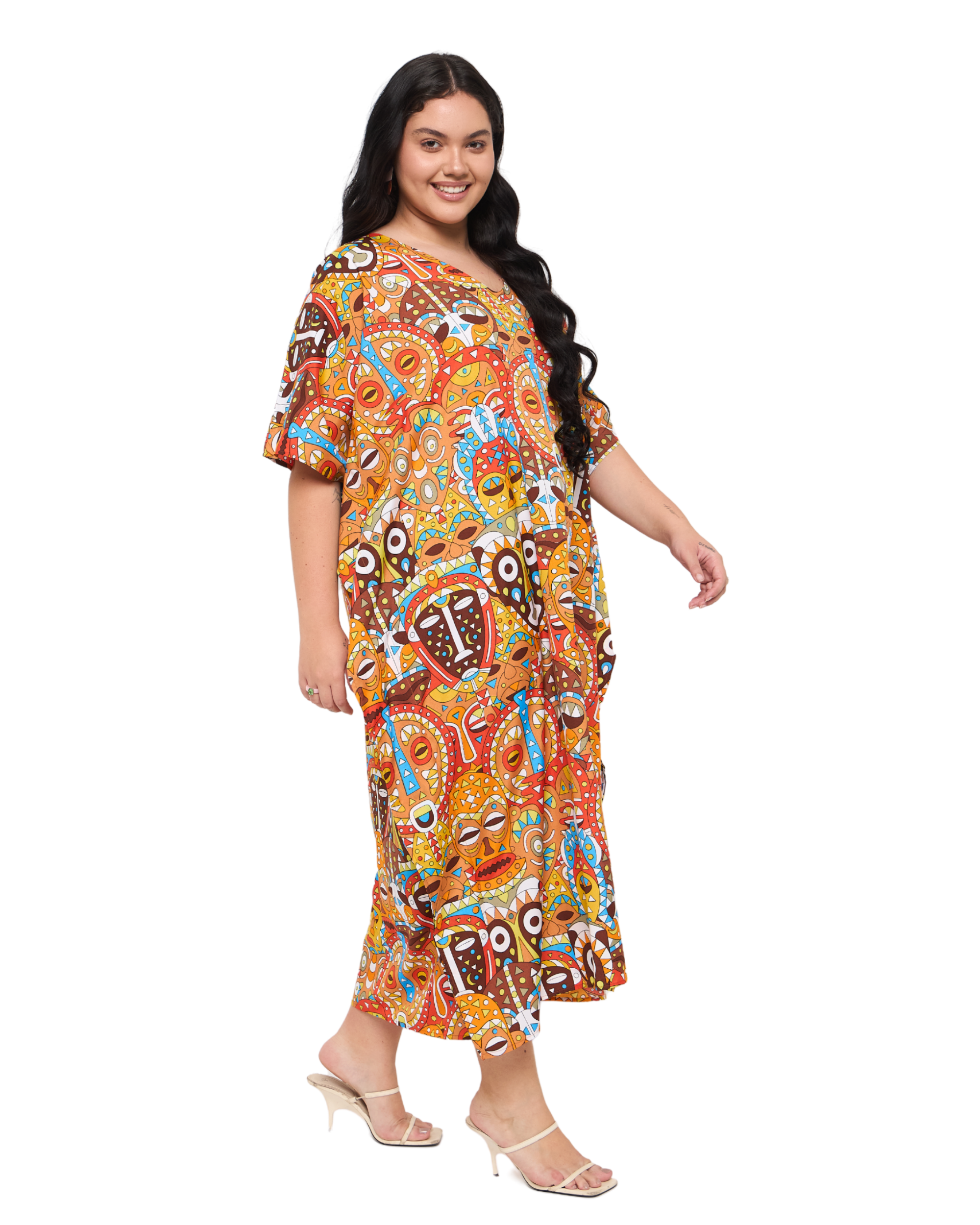 Burnt Orange Polyester Women African Plus Size Caftan Dress