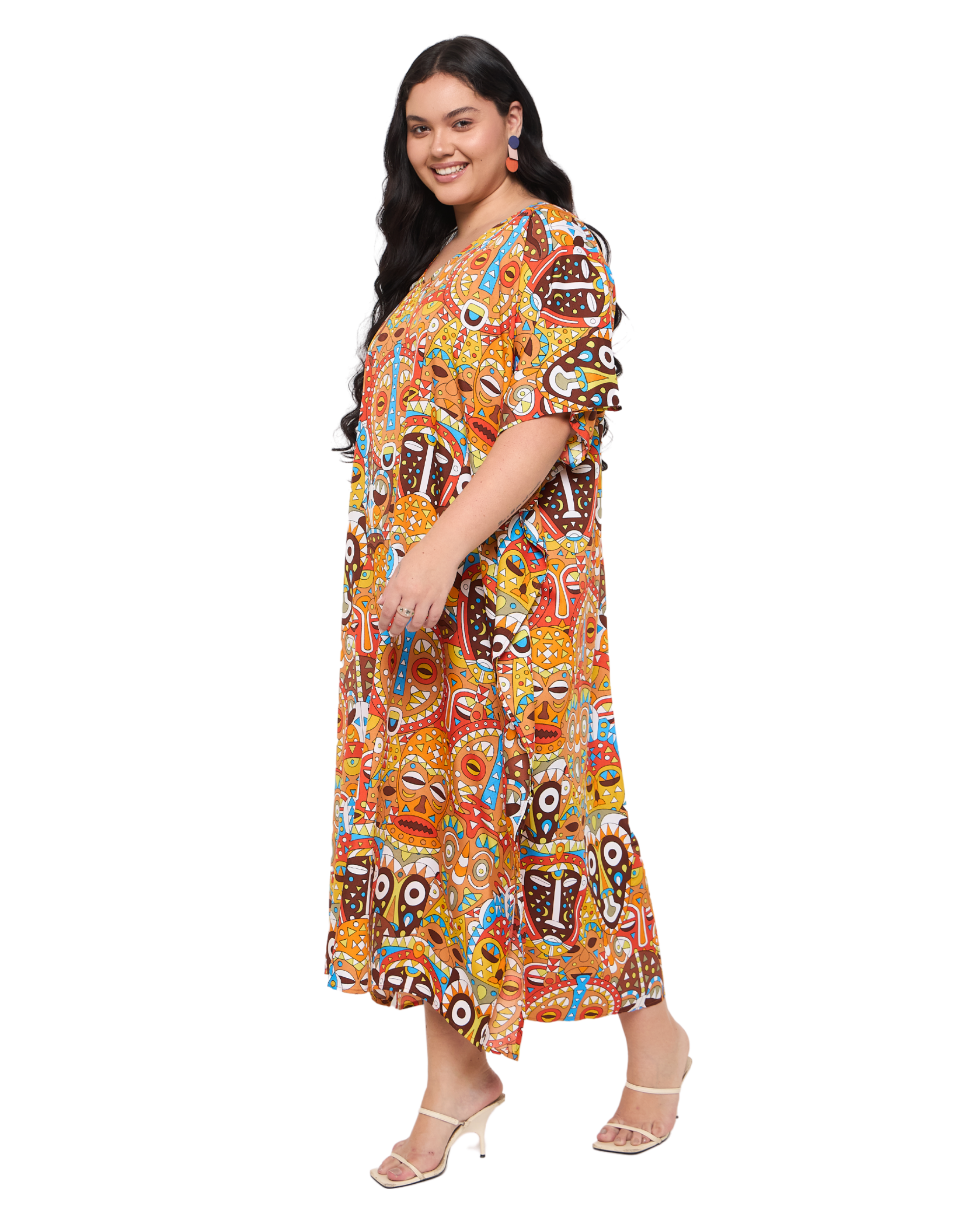 Burnt Orange Polyester Women African Plus Size Caftan Dress