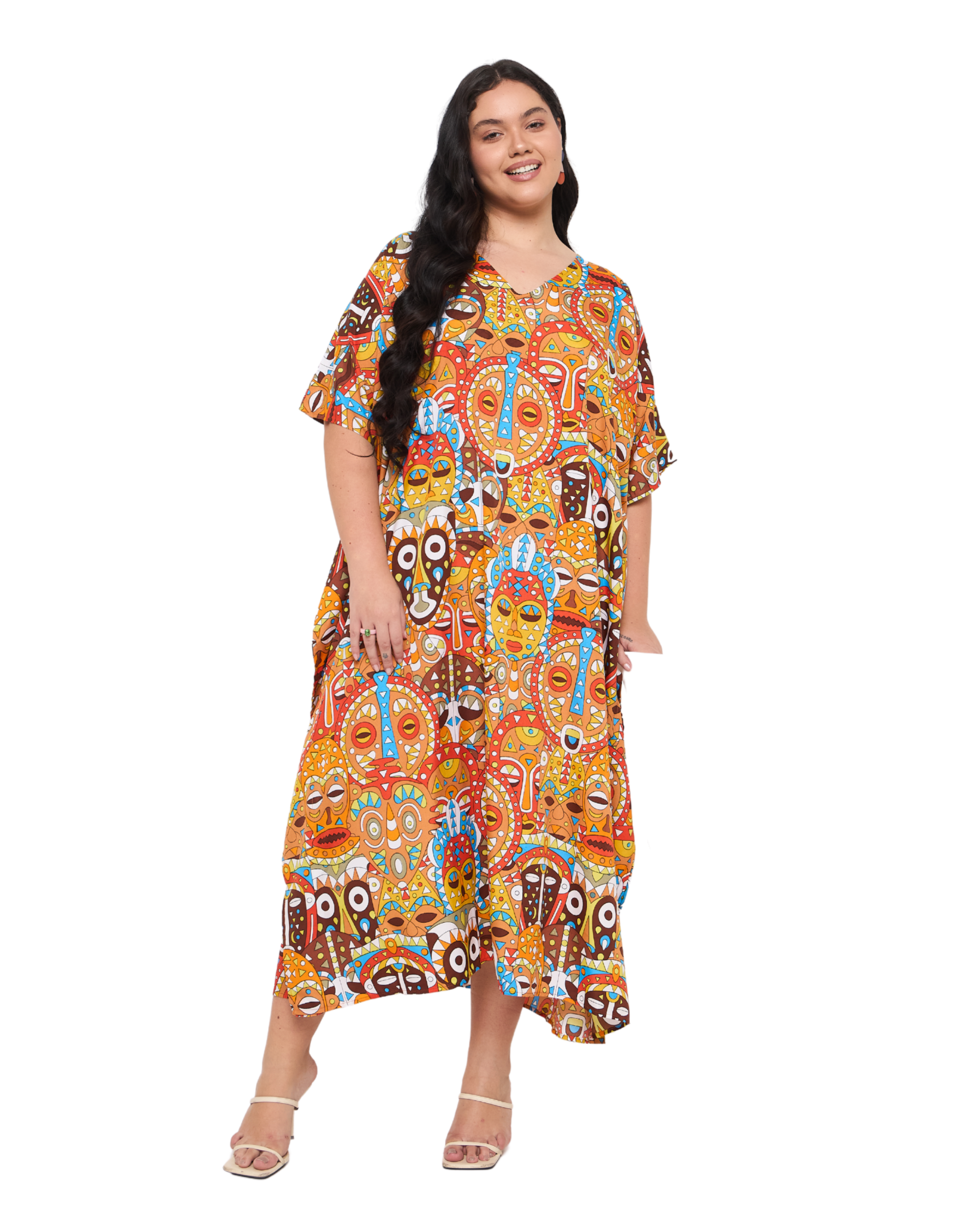 Burnt Orange Polyester Women African Plus Size Caftan Dress