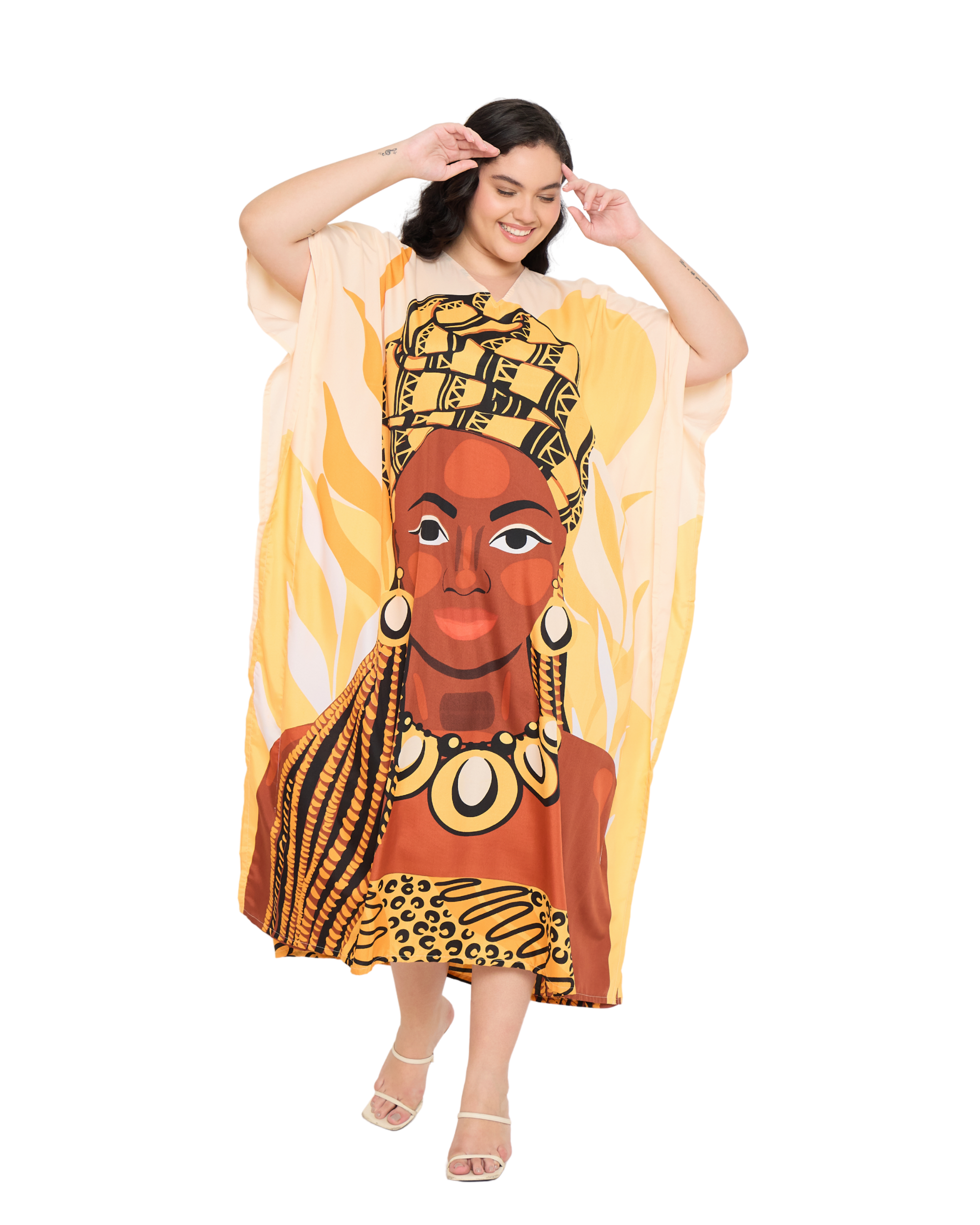 Polyester Yellow Summer Plus Size Tribal Kaftan for Women