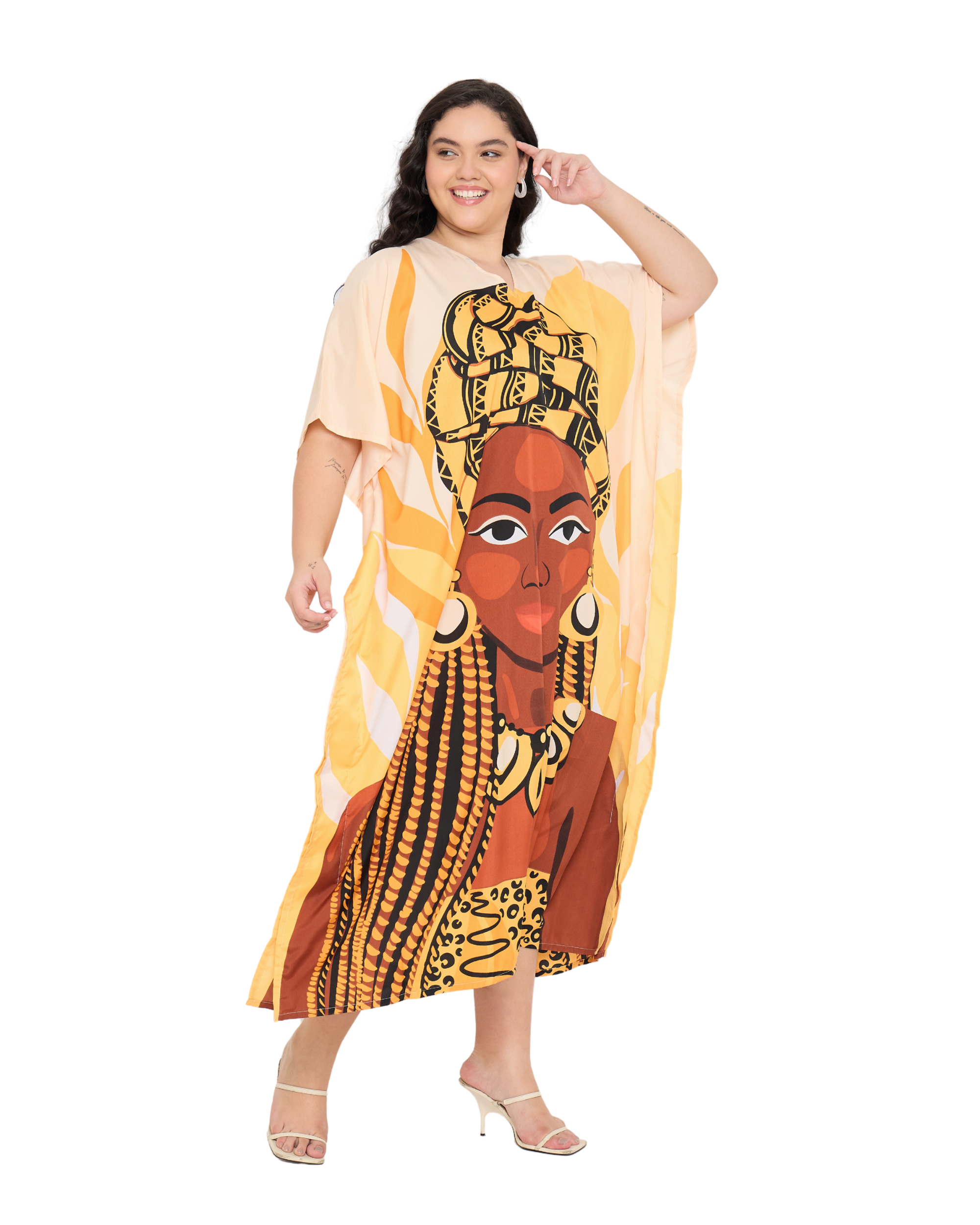 Polyester Yellow Summer Plus Size Tribal Kaftan for Women