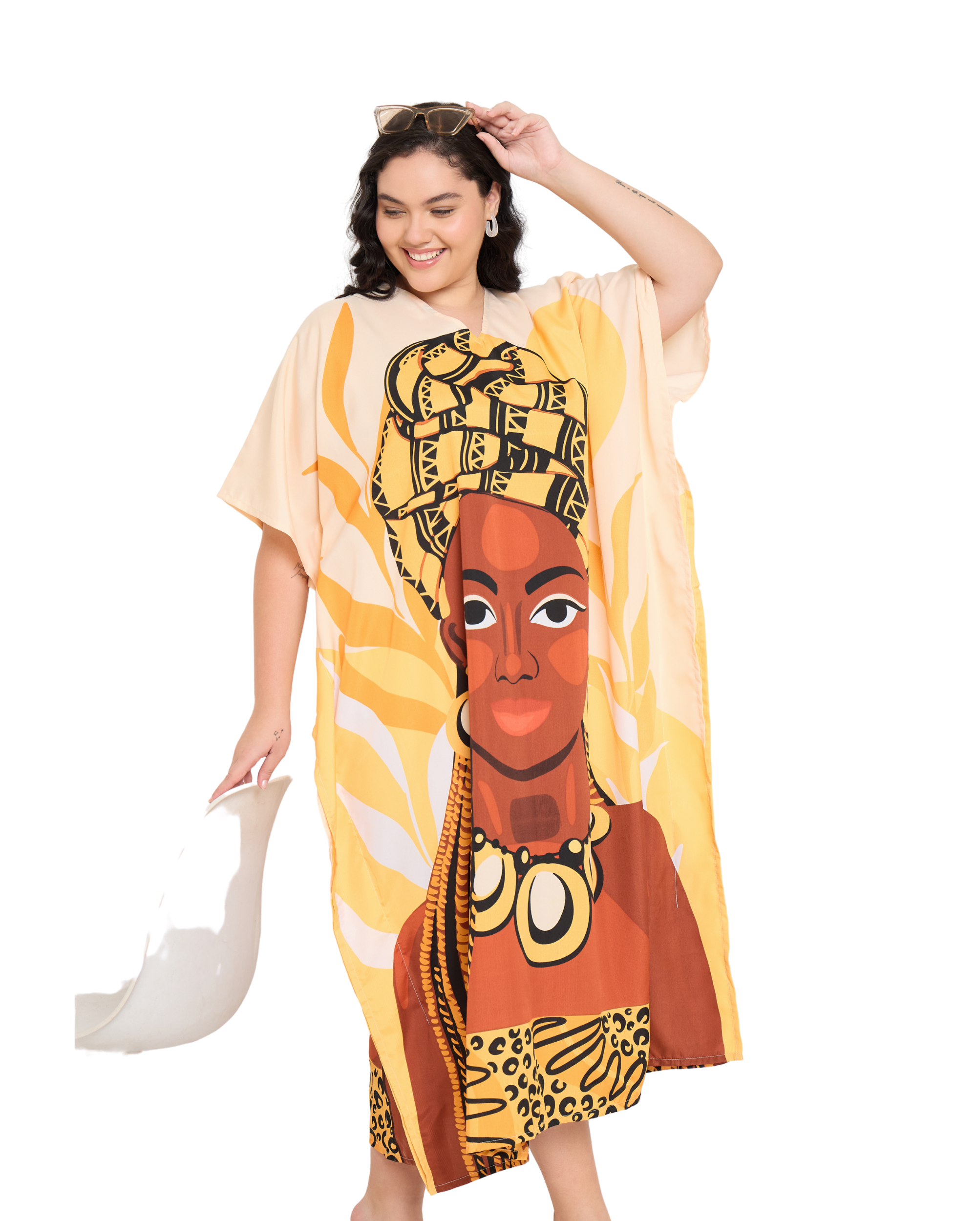 Polyester Yellow Summer Plus Size Tribal Kaftan for Women