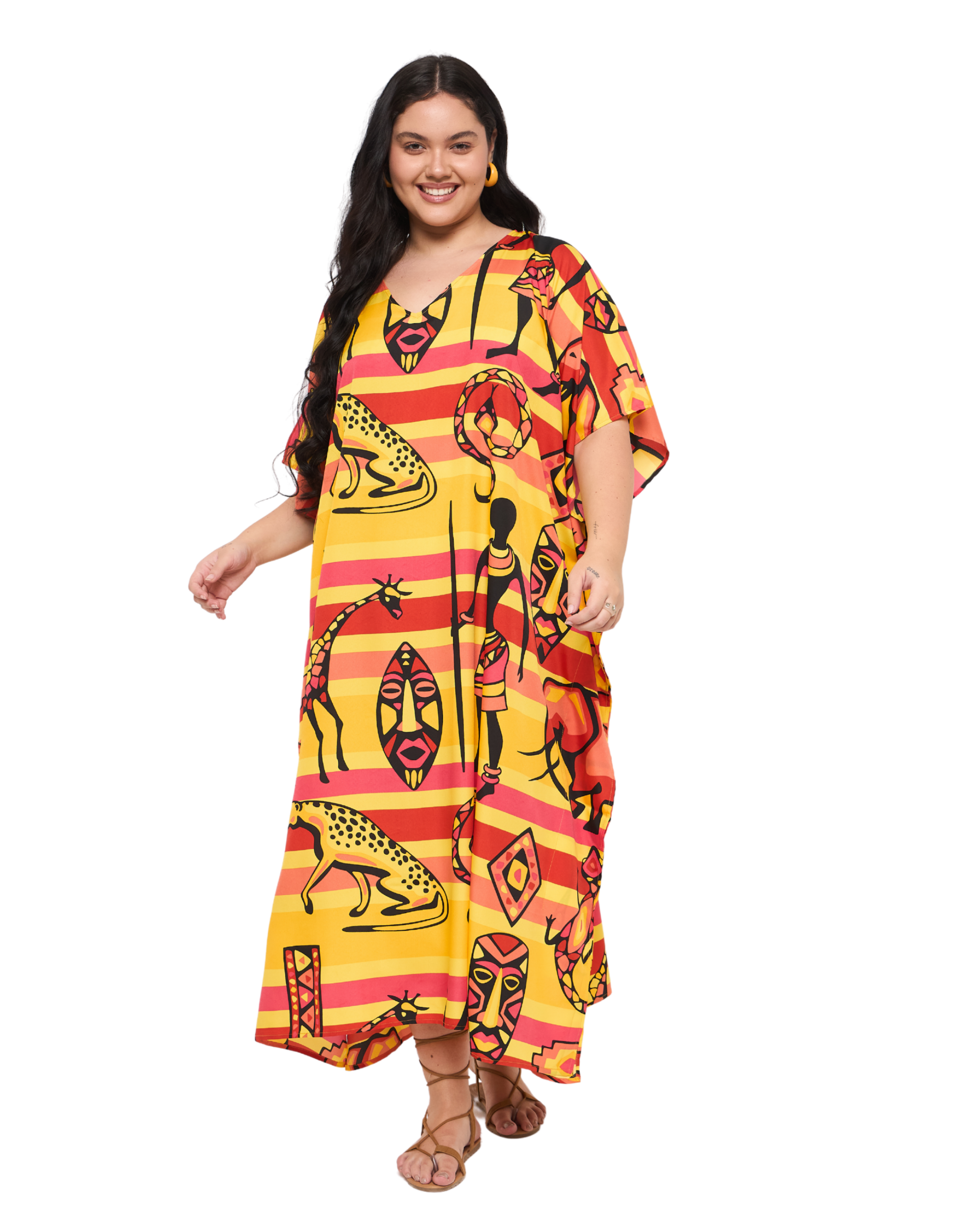 Yellow Polyester African Plus Size Caftan Dress for Women