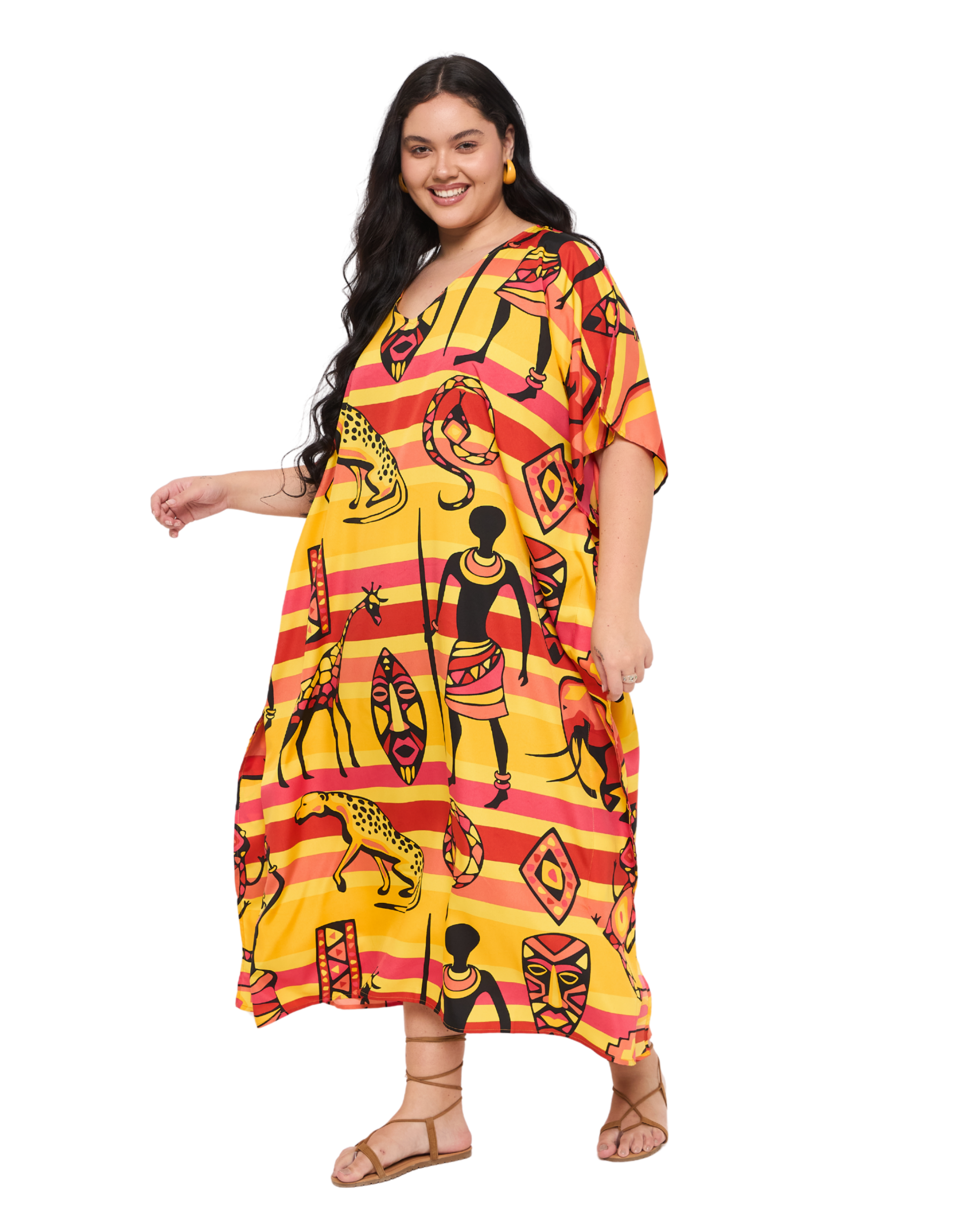 Yellow Polyester African Plus Size Caftan Dress for Women