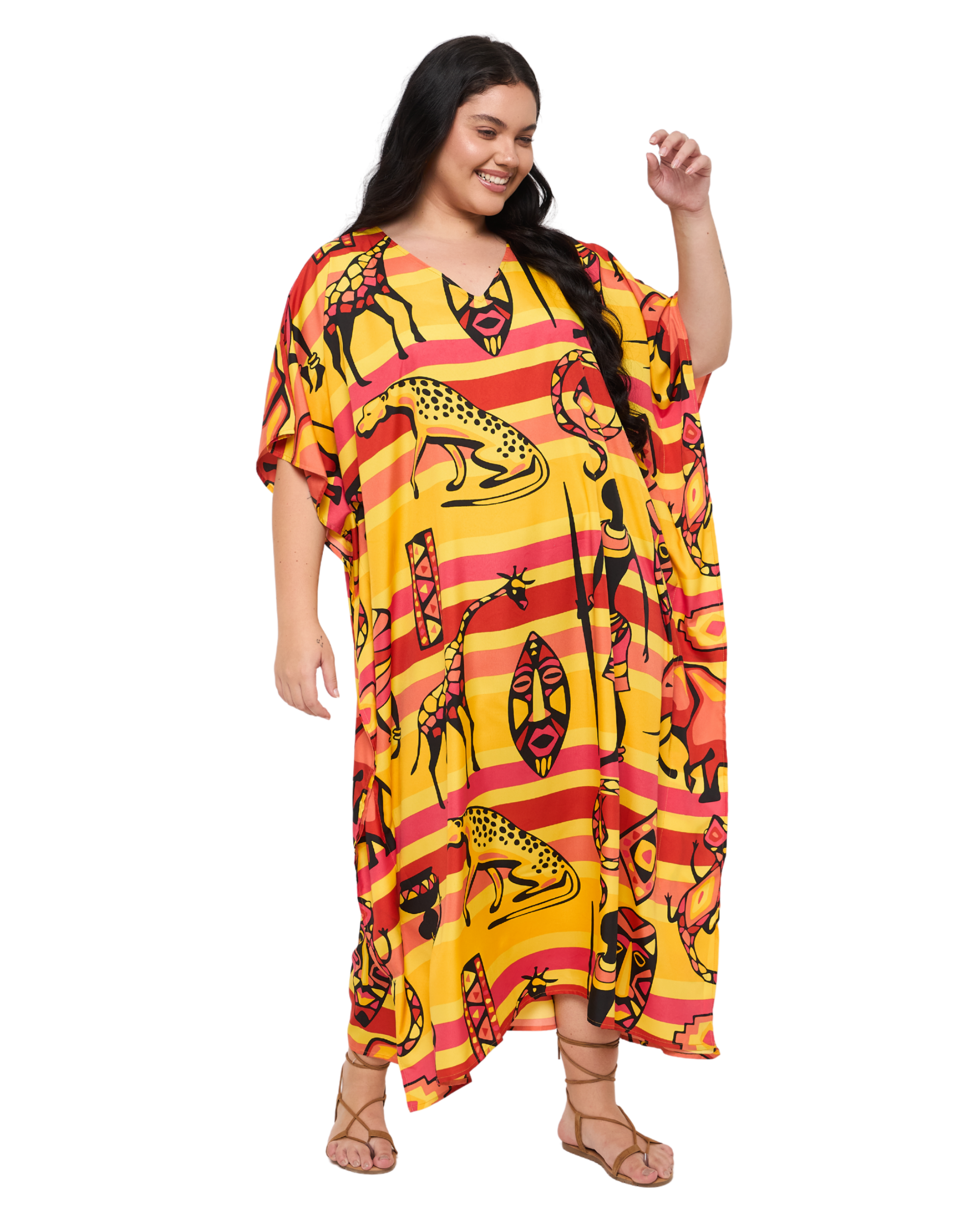 Yellow Polyester African Plus Size Caftan Dress for Women