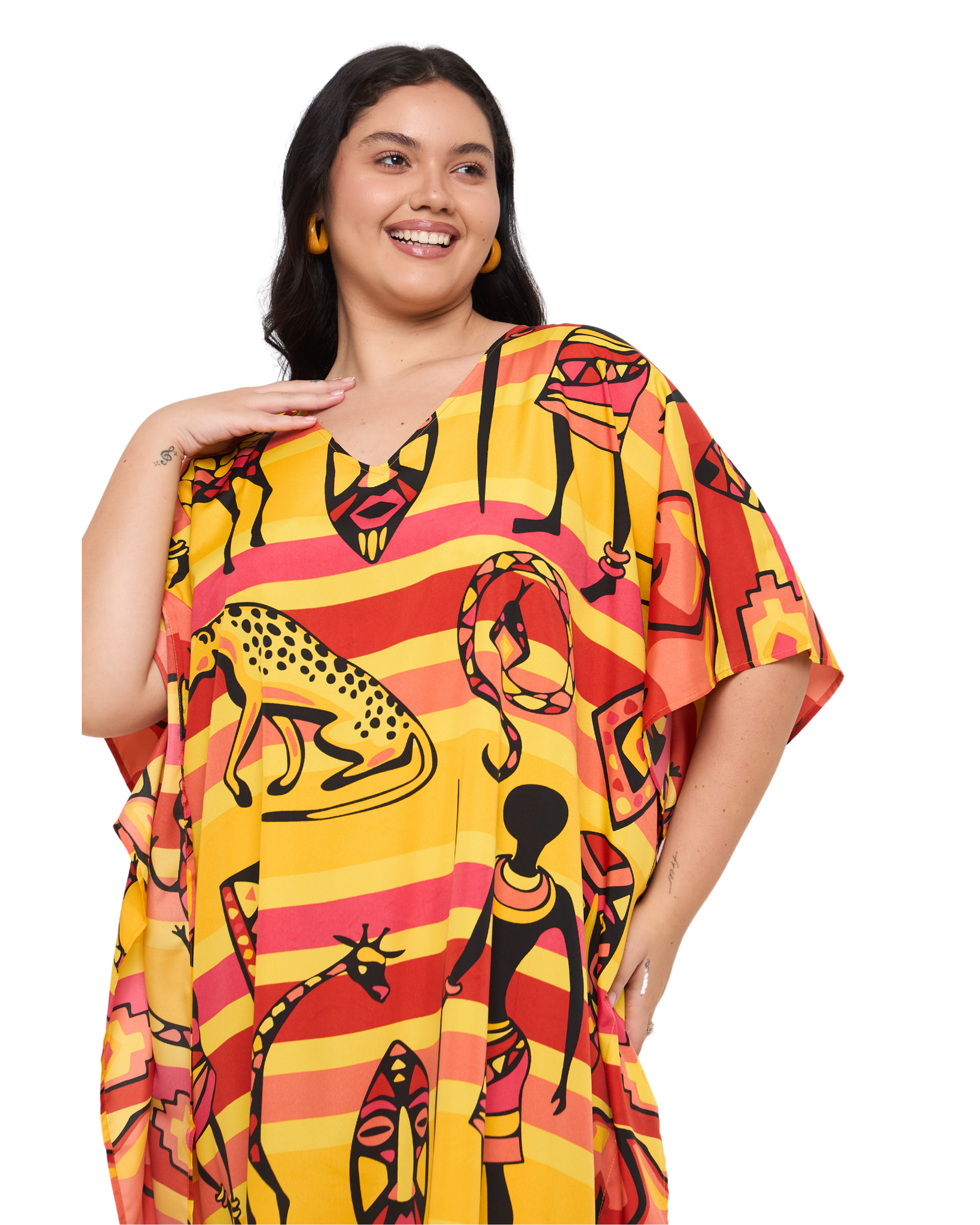 Yellow Polyester African Plus Size Caftan Dress for Women
