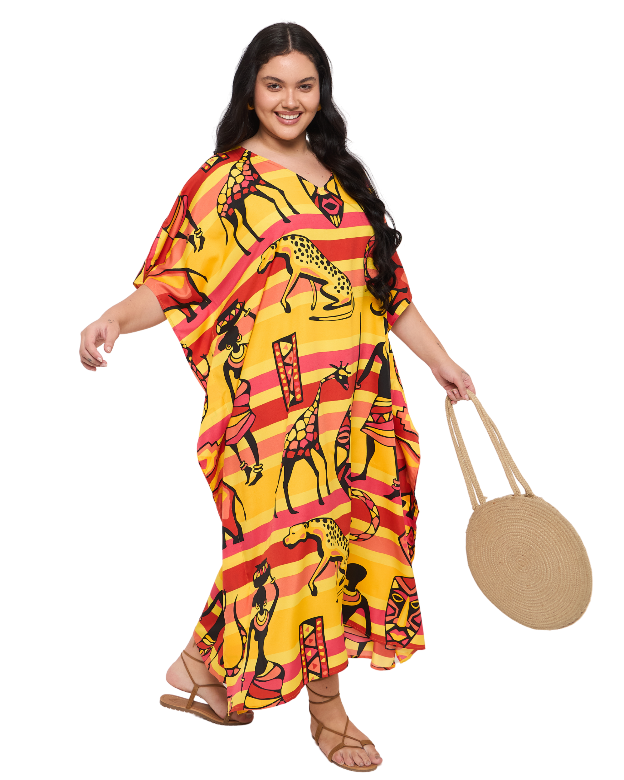 Yellow Polyester African Plus Size Caftan Dress for Women
