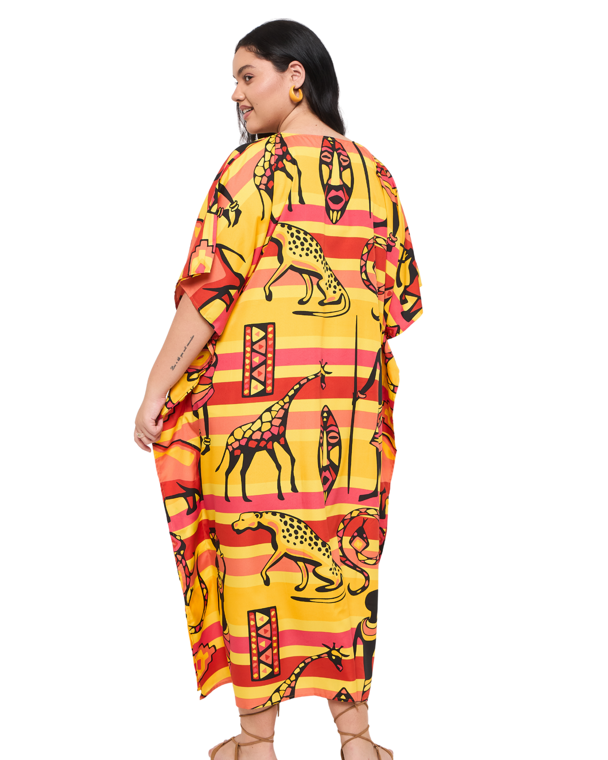 Yellow Polyester African Plus Size Caftan Dress for Women