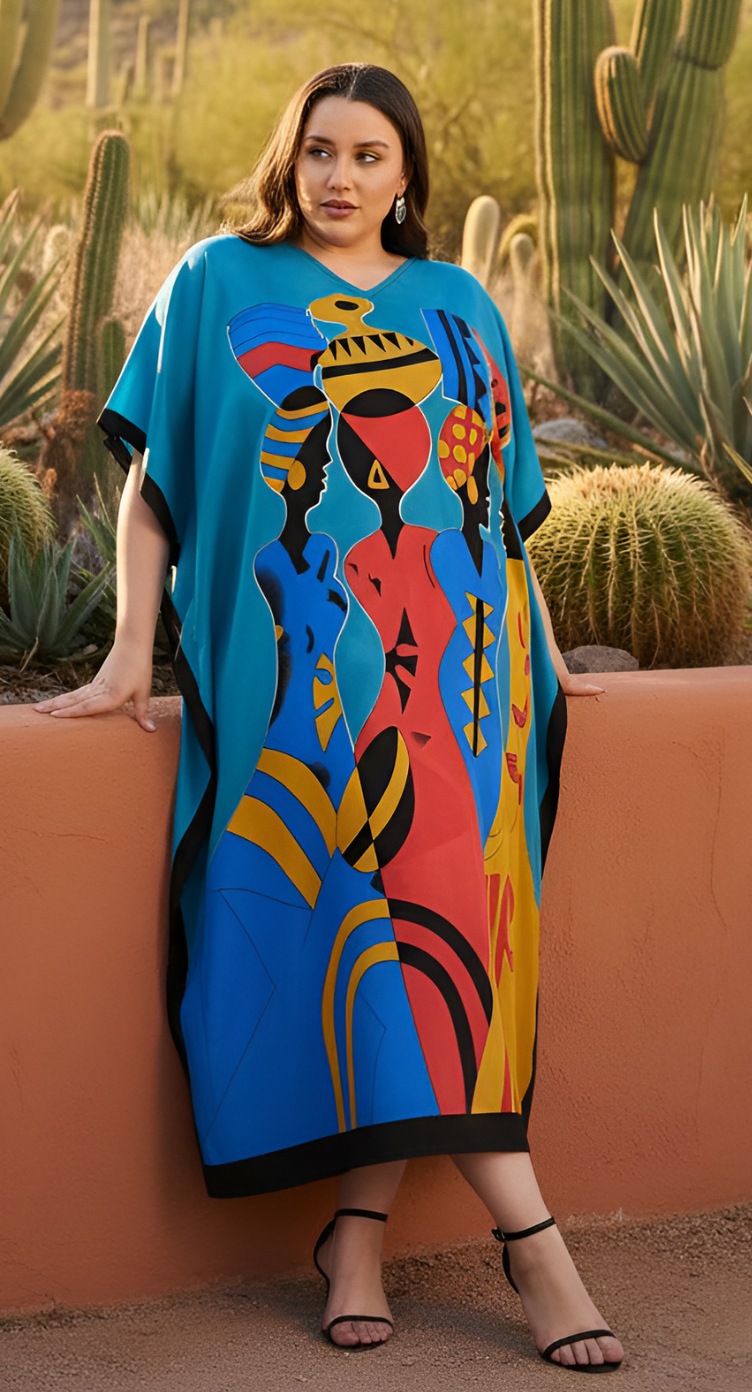 Tribal Print Polyester Casual Plus Size Caftan Dress for Women