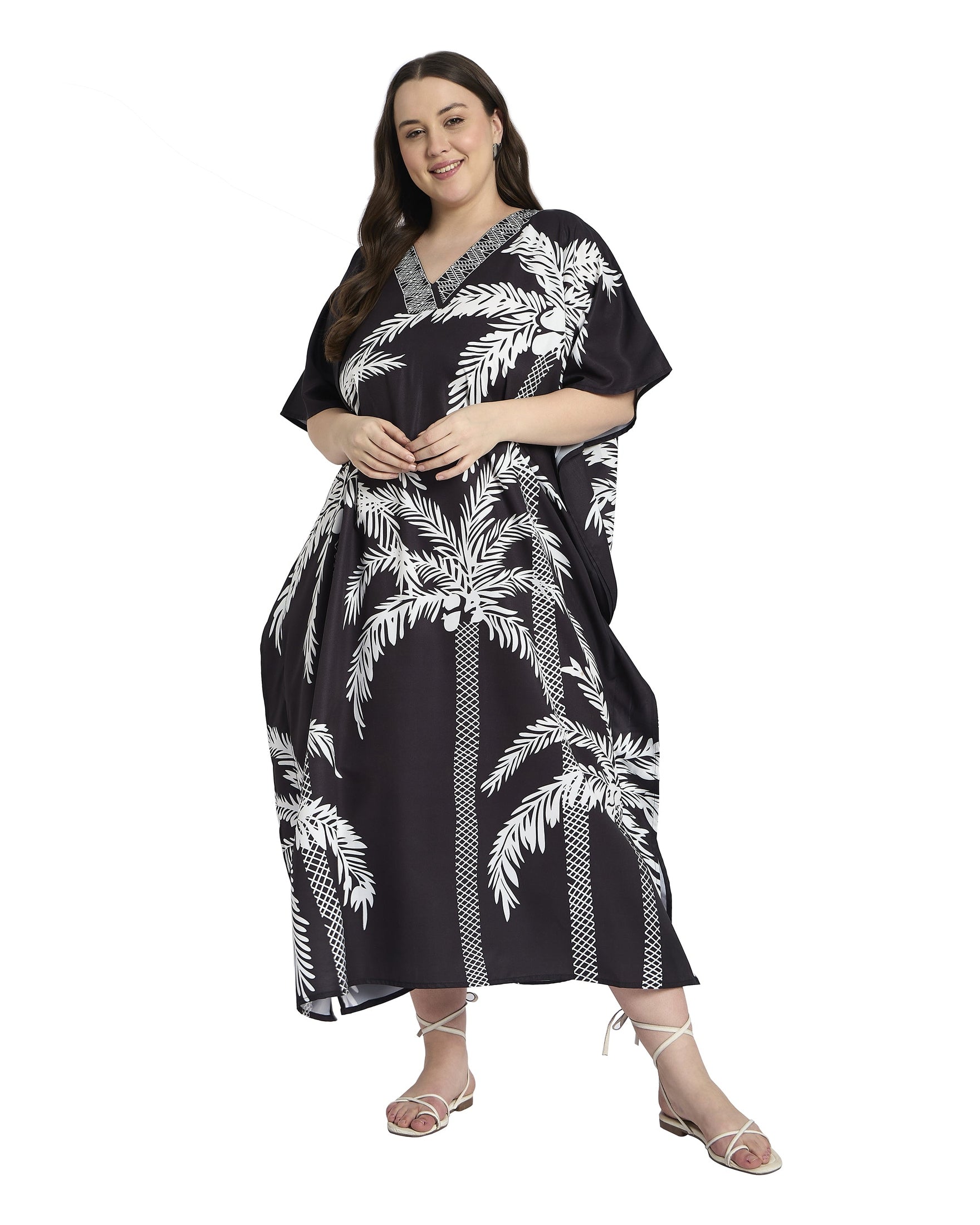 Black Tree Print Plus Size Long Kaftan Dress for Women