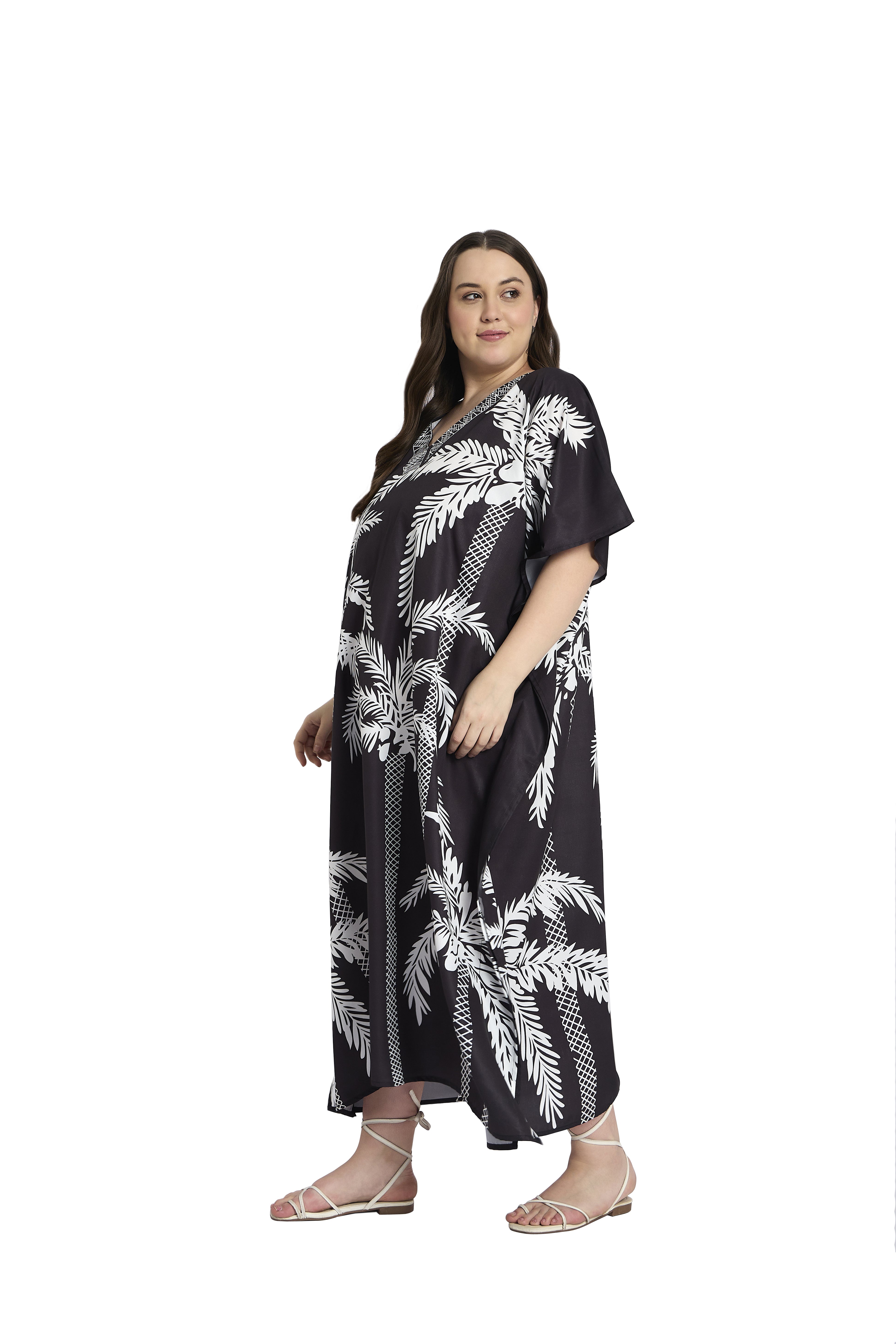 Black Tree Print Plus Size Long Kaftan Dress for Women