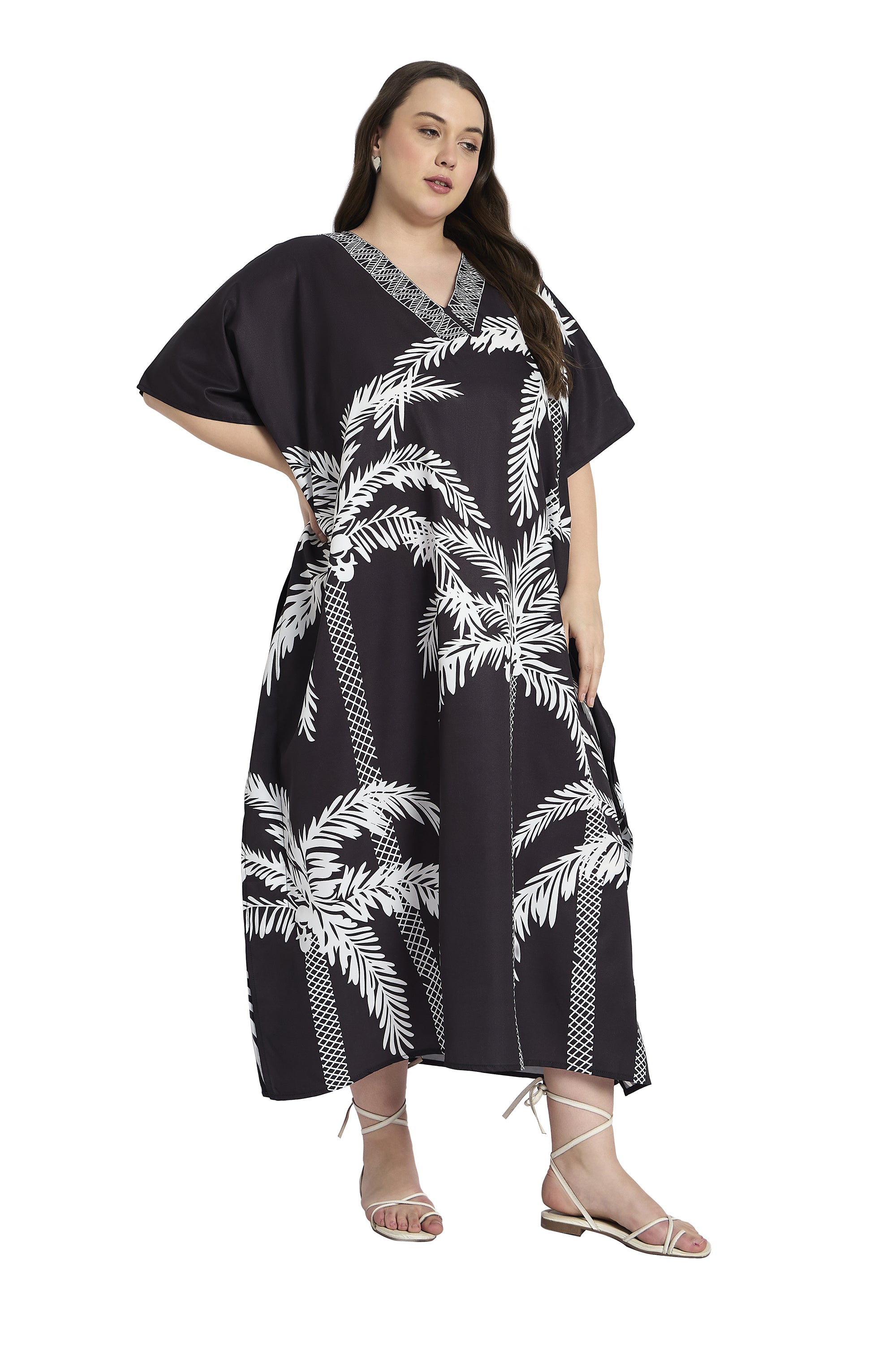 Black Tree Print Plus Size Long Kaftan Dress for Women