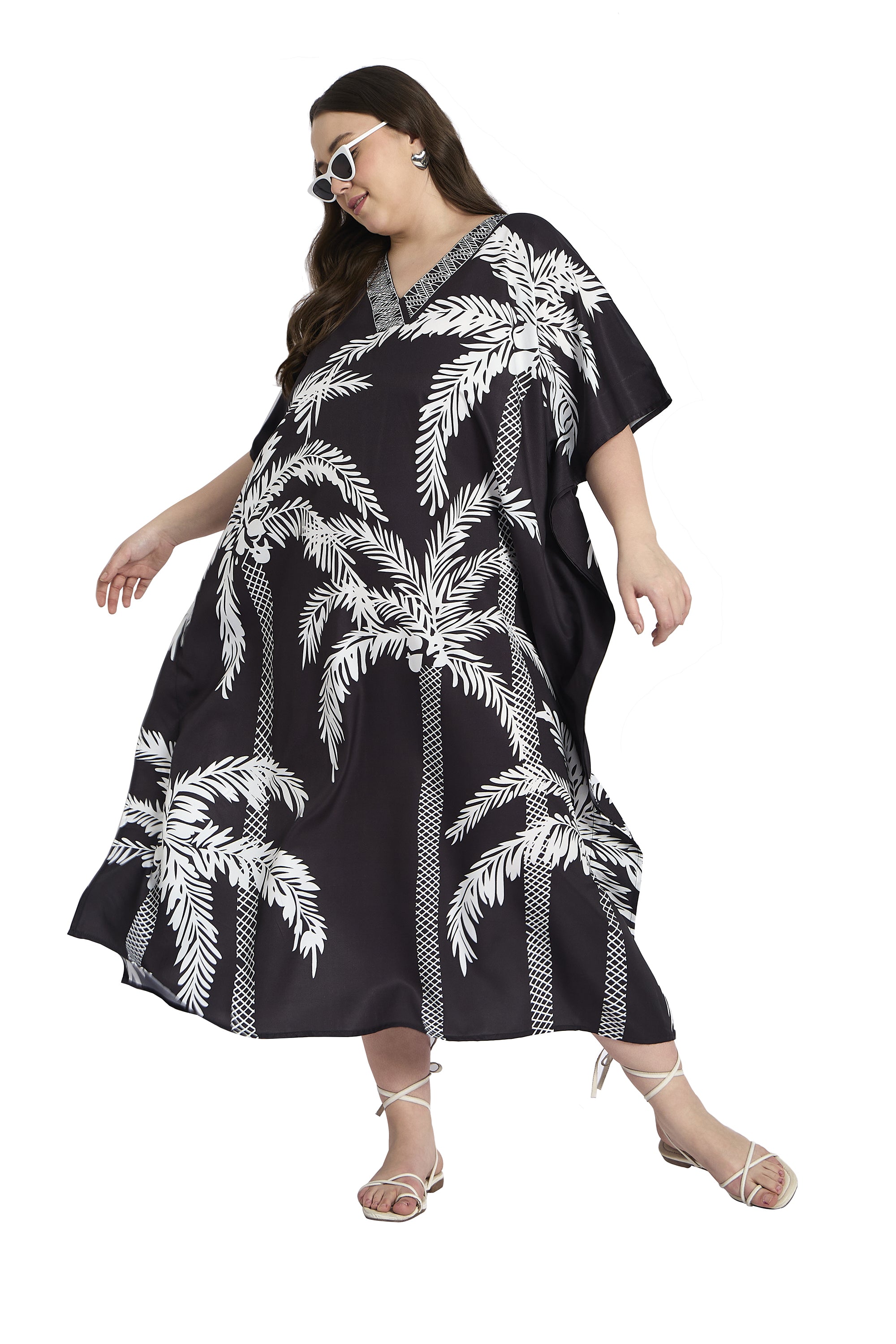 Black Tree Print Plus Size Long Kaftan Dress for Women