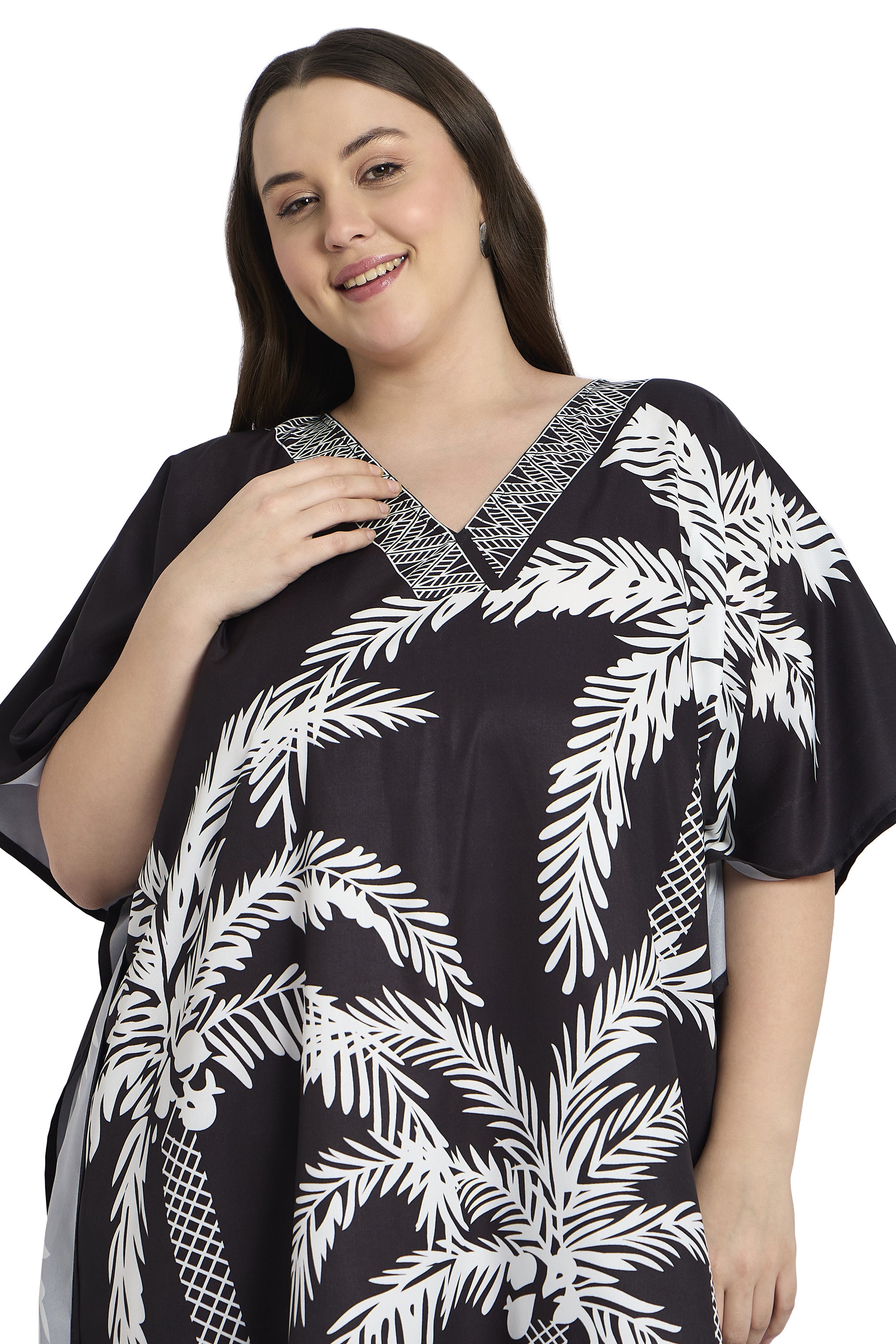 Black Tree Print Plus Size Long Kaftan Dress for Women