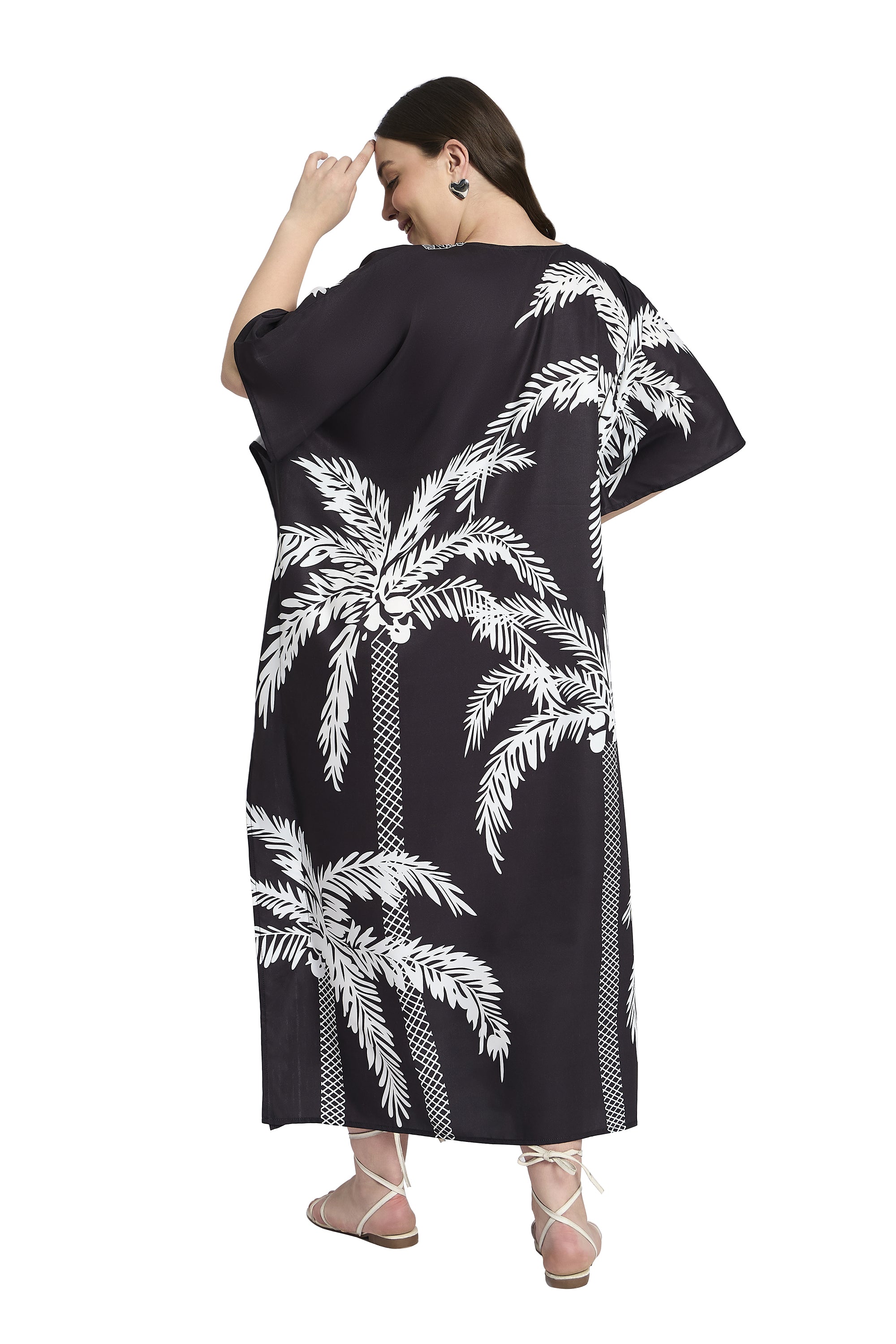 Black Tree Print Plus Size Long Kaftan Dress for Women