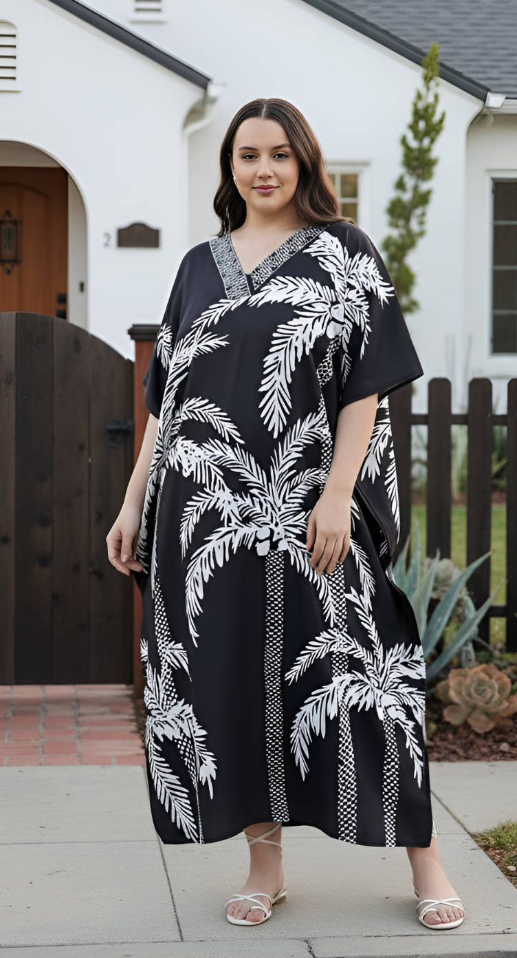 Black Tree Print Plus Size Long Kaftan Dress for Women