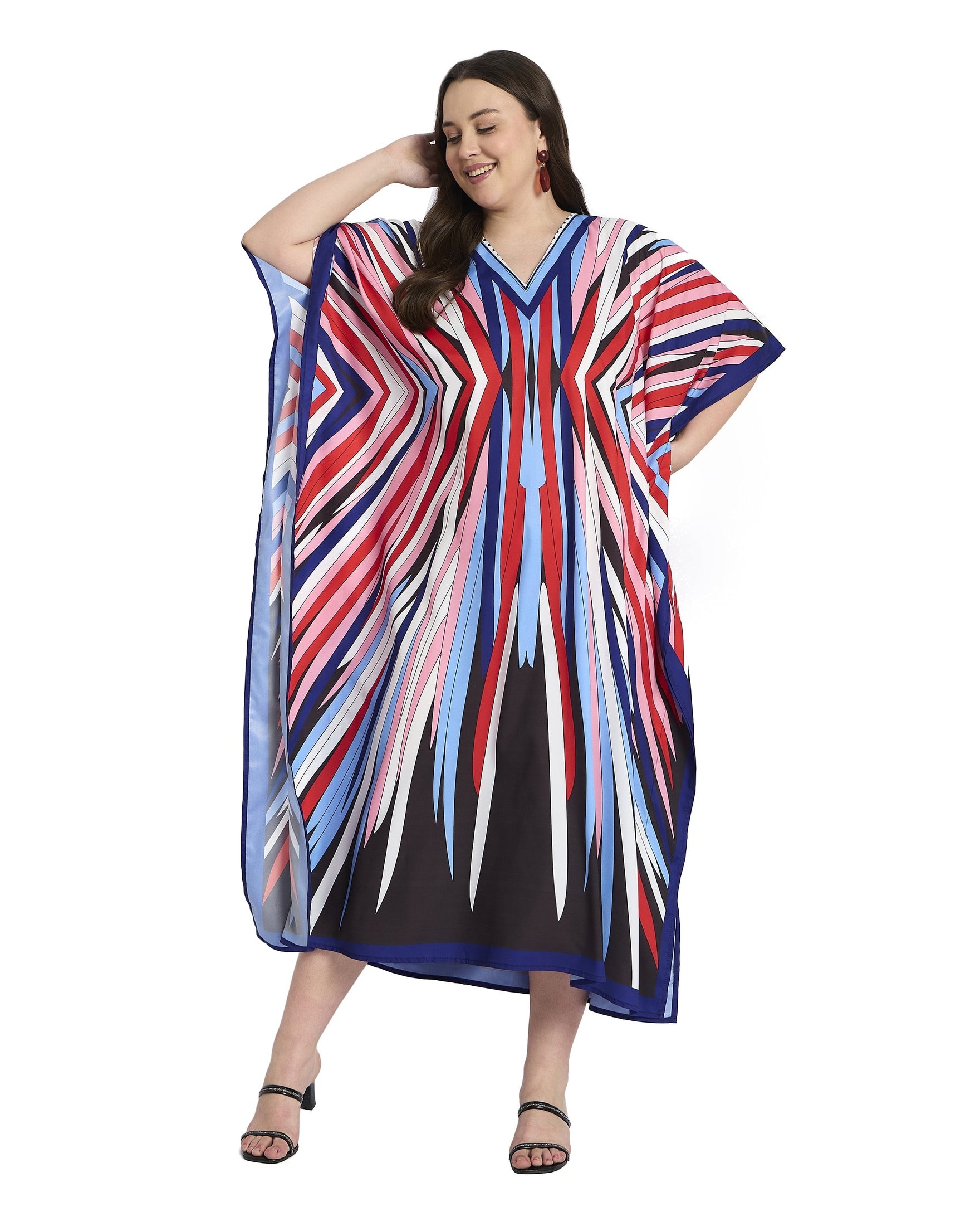 Striped Polyester Multicolor Plus Size Kaftan Dress for Women