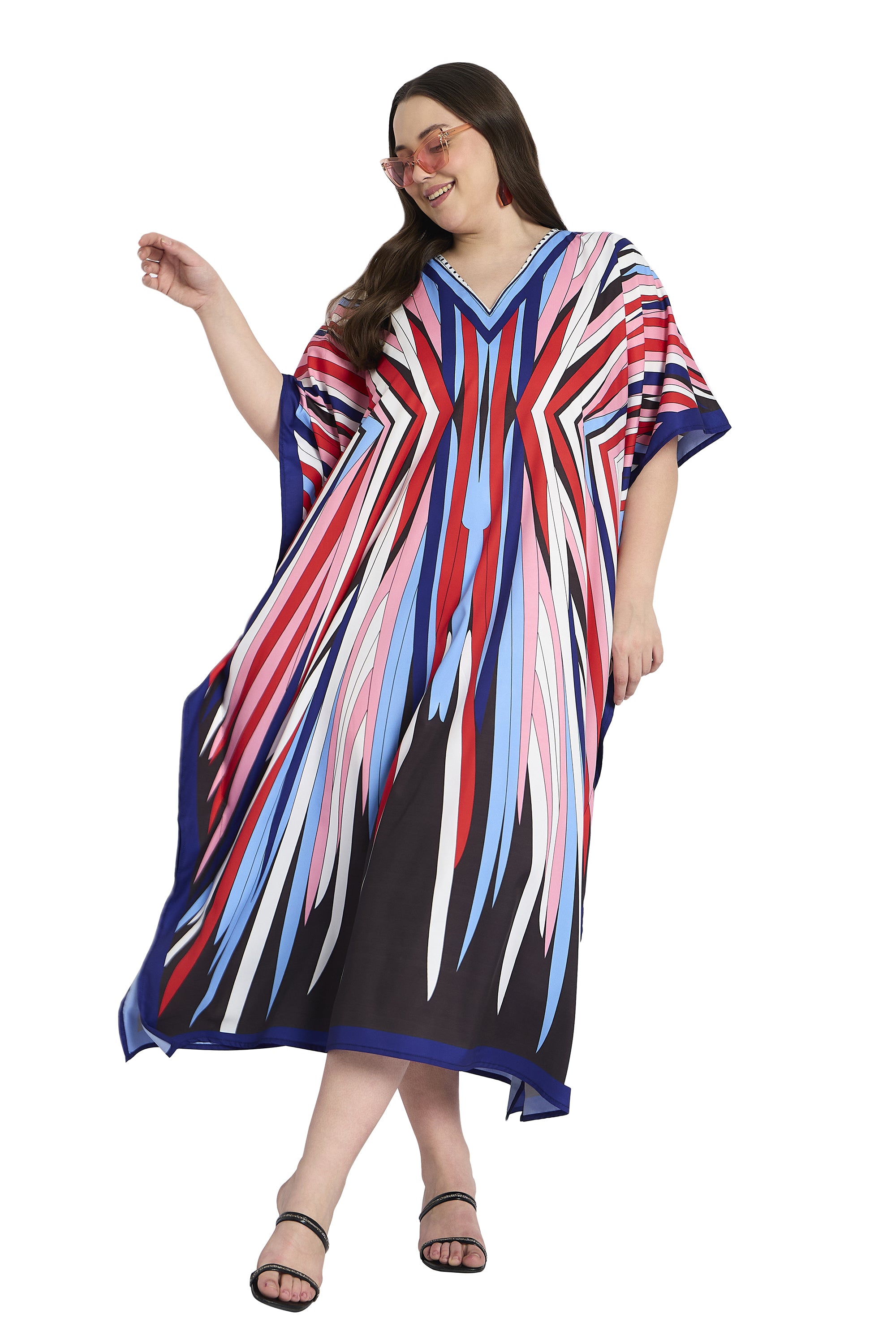 Striped Polyester Multicolor Plus Size Kaftan Dress for Women