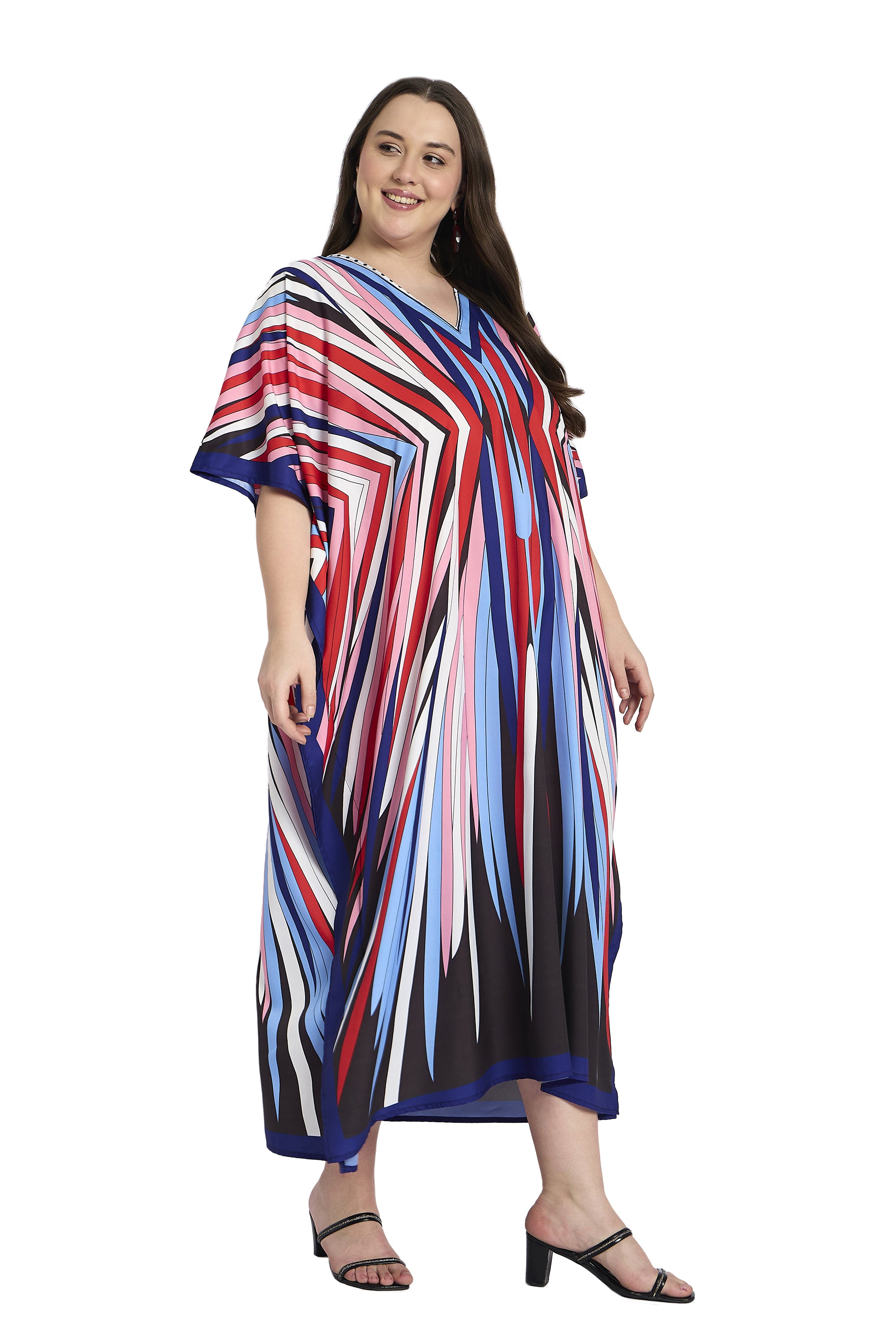 Striped Polyester Multicolor Plus Size Kaftan Dress for Women
