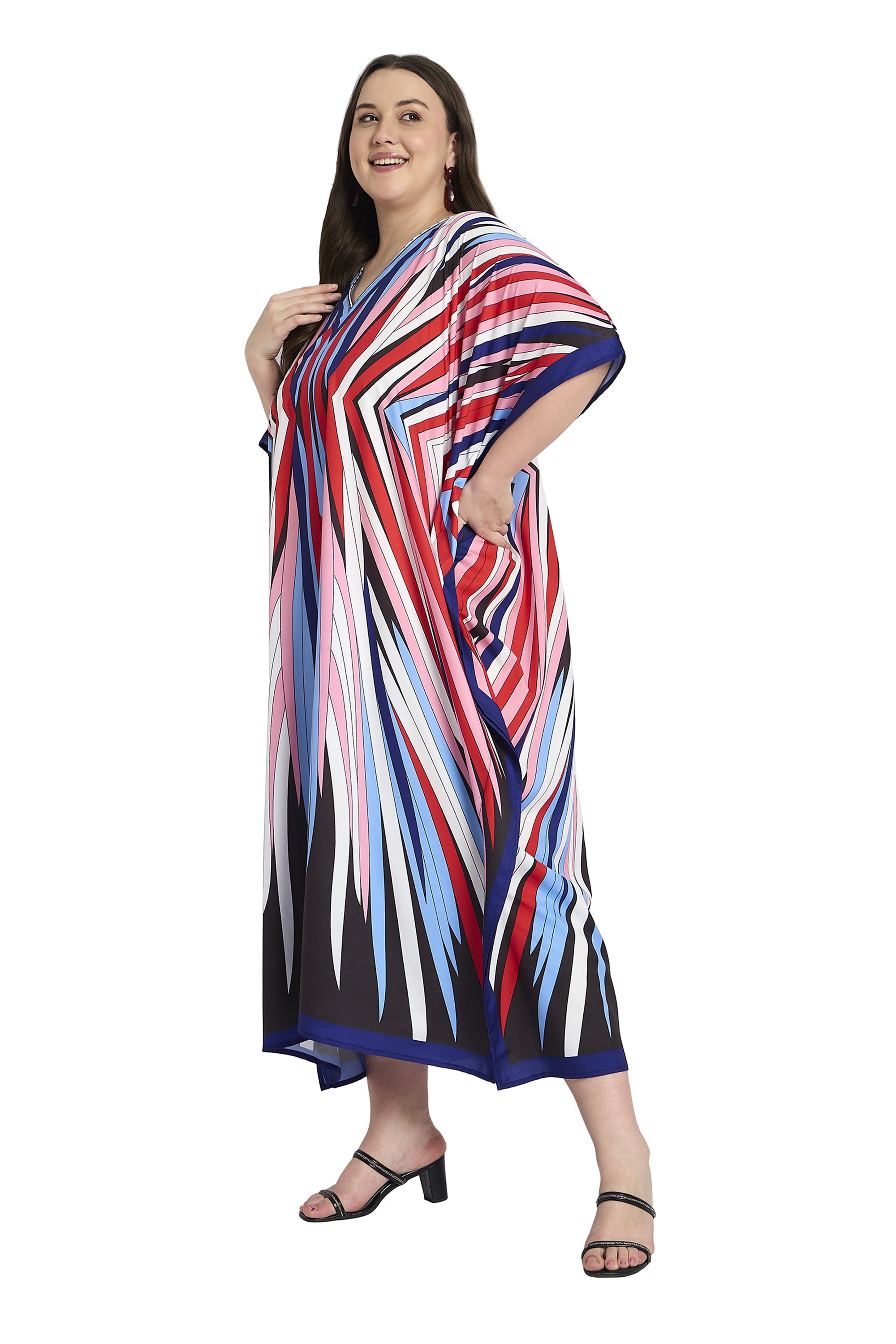 Striped Polyester Multicolor Plus Size Kaftan Dress for Women