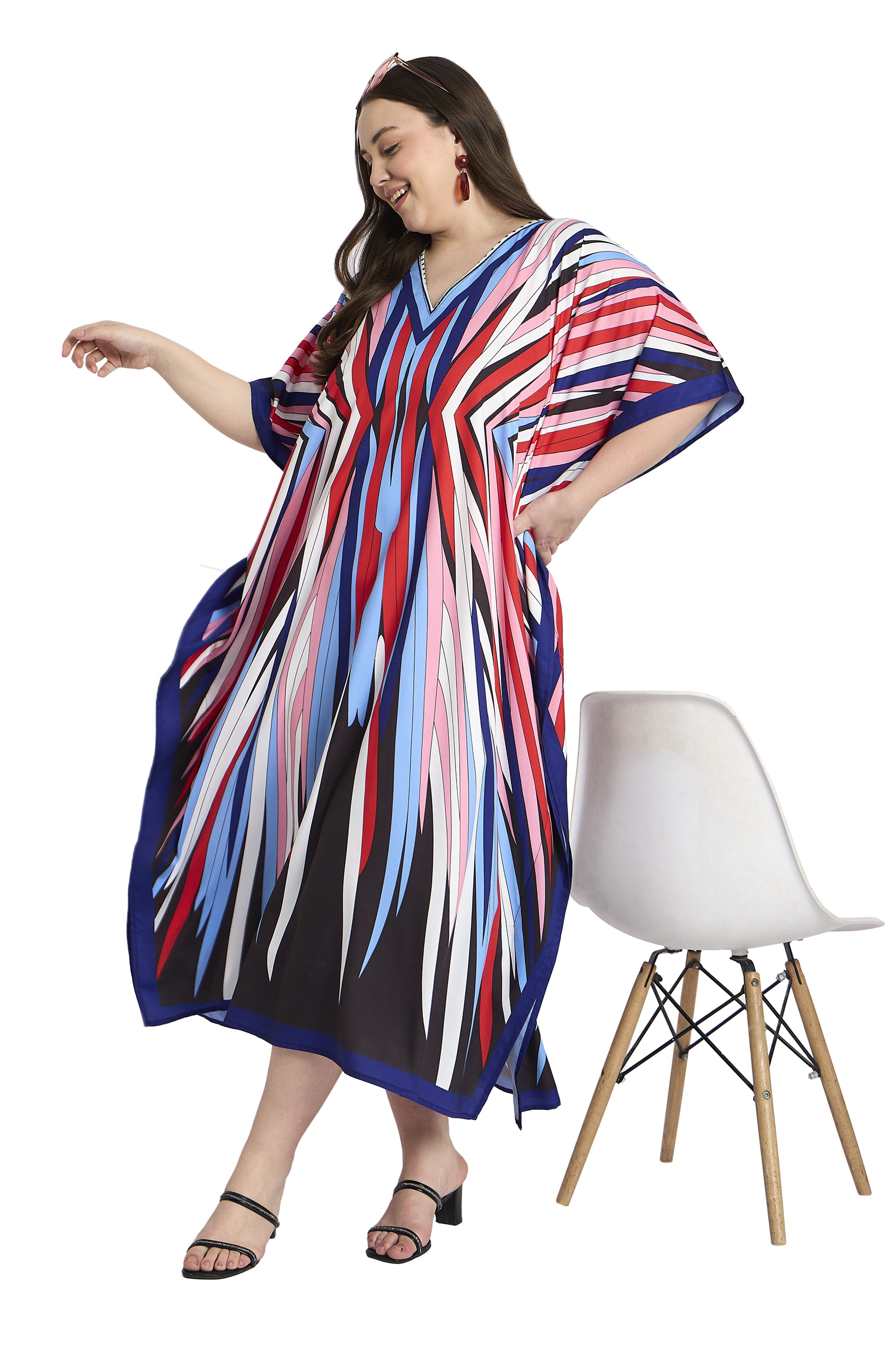 Striped Polyester Multicolor Plus Size Kaftan Dress for Women