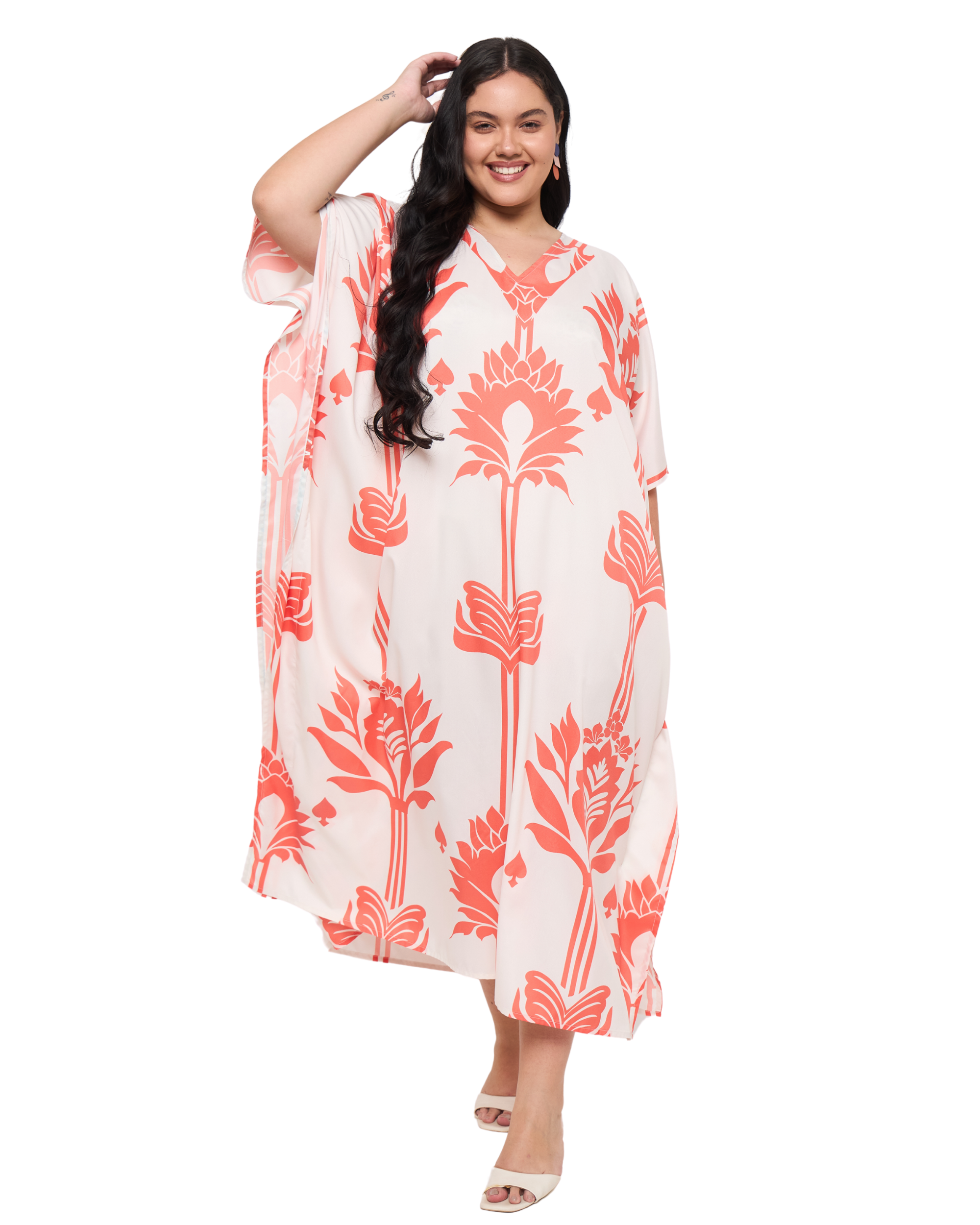 Floral White Polyester Women Plus Size Holiday Kaftan Dress