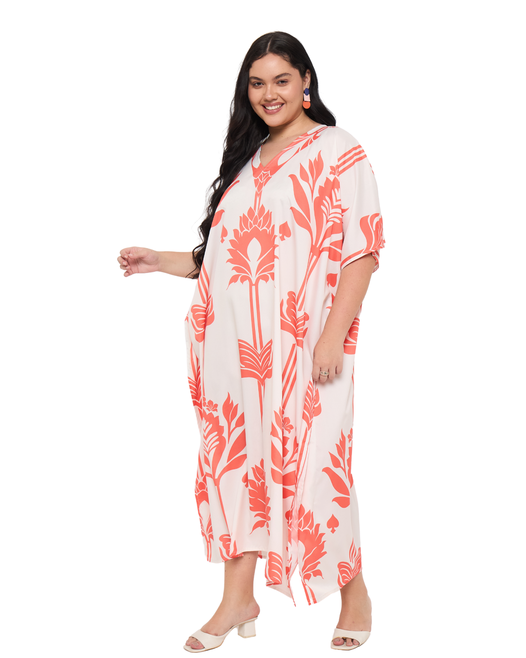 Floral White Polyester Women Plus Size Holiday Kaftan Dress