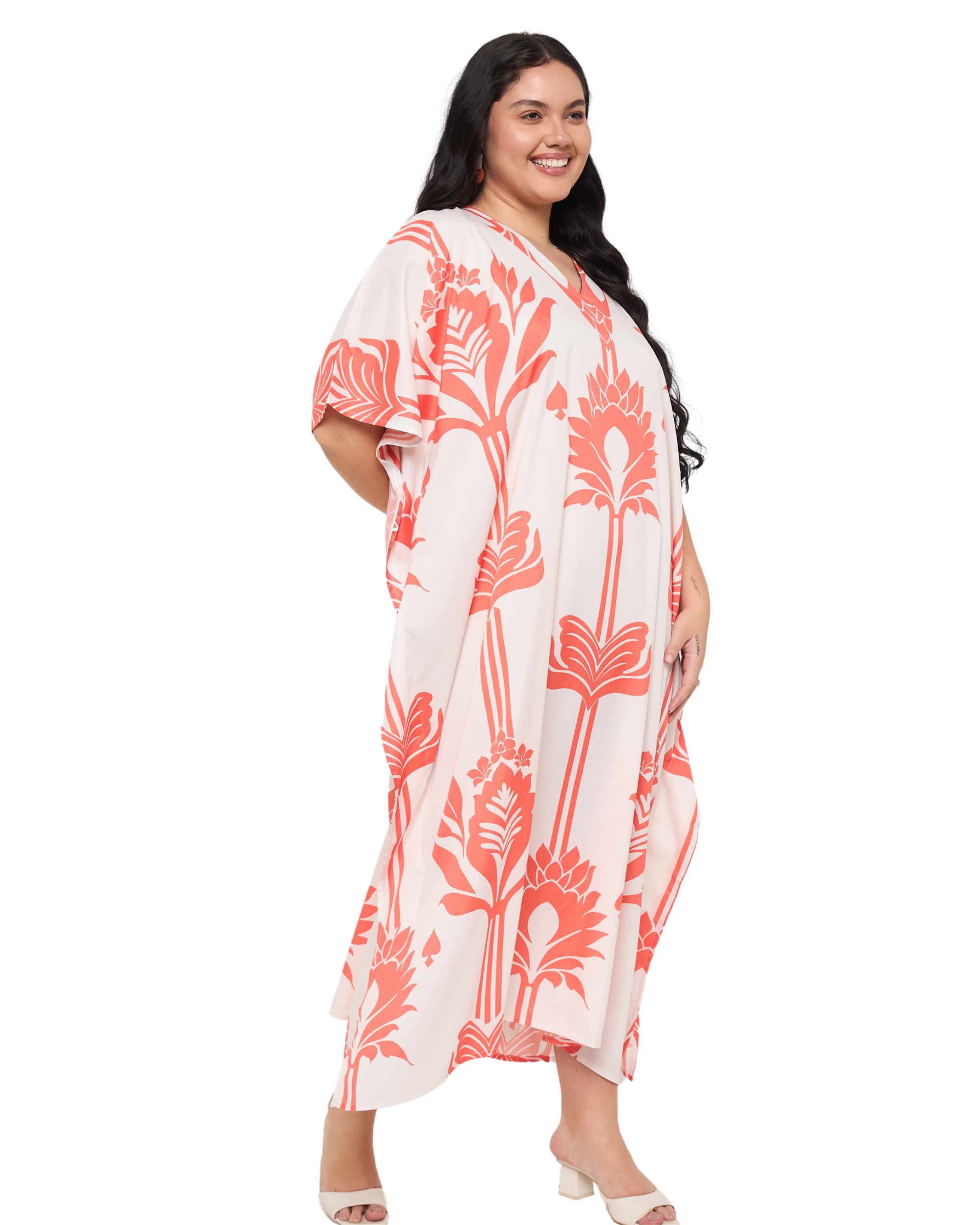Floral White Polyester Women Plus Size Holiday Kaftan Dress